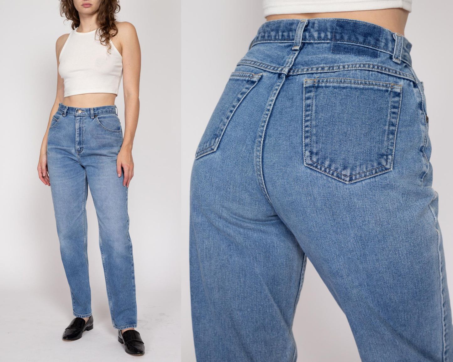 Medium 90s High Waisted Medium Wash Jeans 28" | Vintage Denim Tapered Leg Mom Jeans