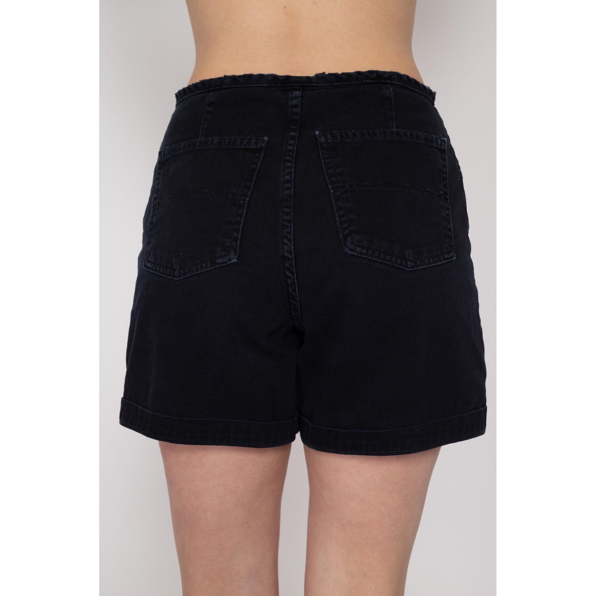 Medium 80s Faded Black Button Fly Jean Shorts 29" | Vintage High Waisted Cuffed Dark Wash Denim Shorts