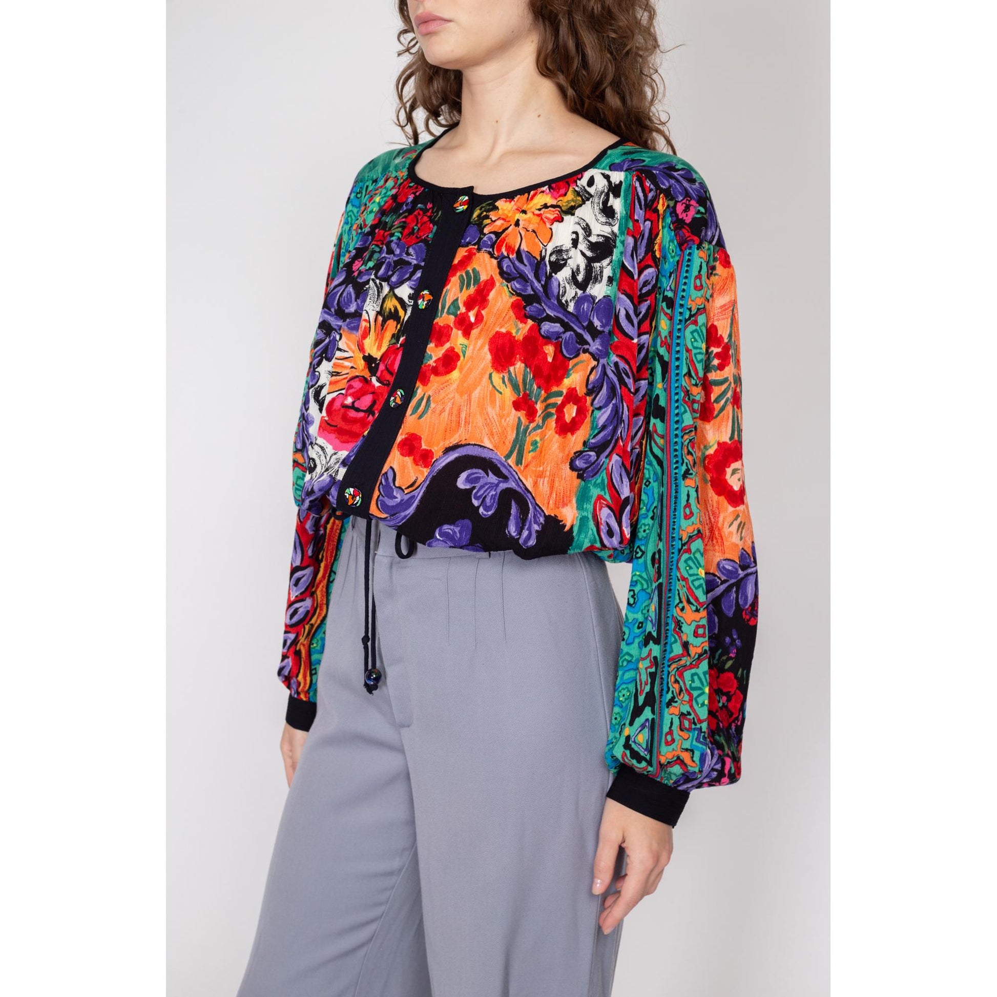 Med-Lrg 80s Watercolor Floral Slouchy Drawstring Crop Top | Vintage Waist Grunge Red Green Button Up Blouse