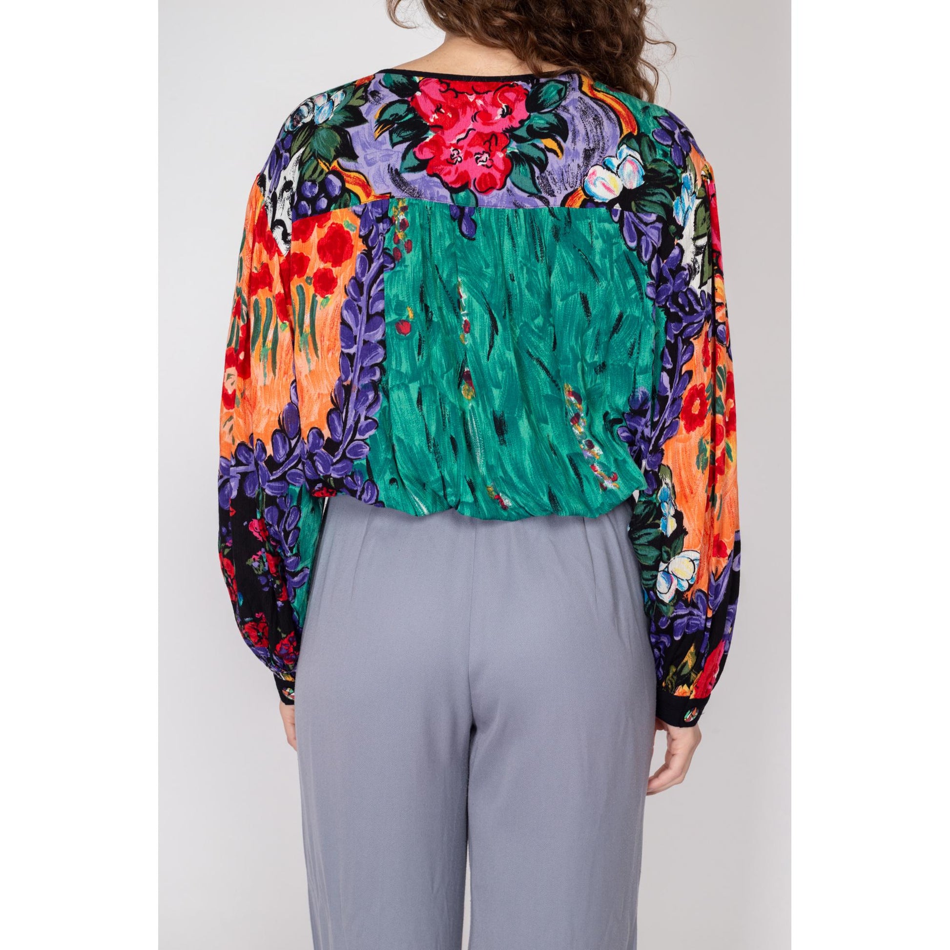 Med-Lrg 80s Watercolor Floral Slouchy Drawstring Crop Top | Vintage Waist Grunge Red Green Button Up Blouse
