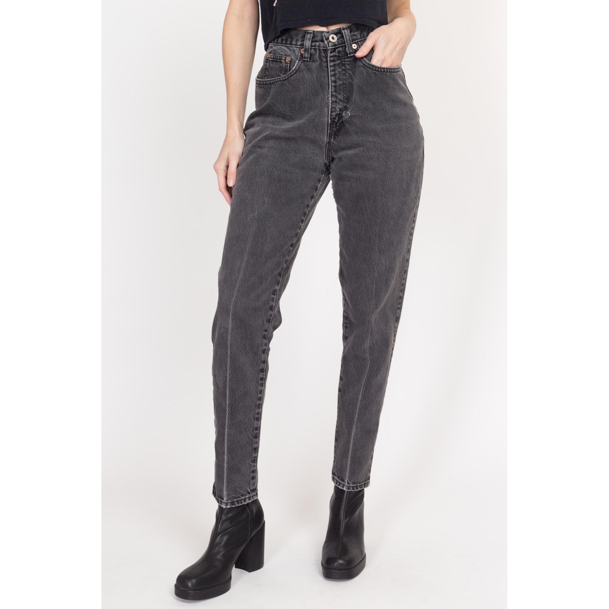 Small 90s Faded Black High Waisted Jeans 27" | Vintage Tapered Leg Denim Mom Jeans