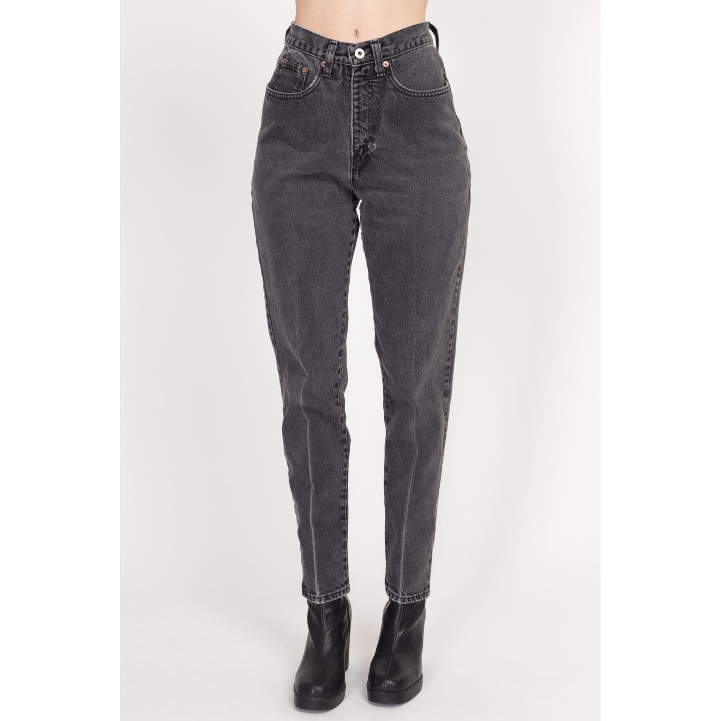 Small 90s Faded Black High Waisted Jeans 27" | Vintage Tapered Leg Denim Mom Jeans