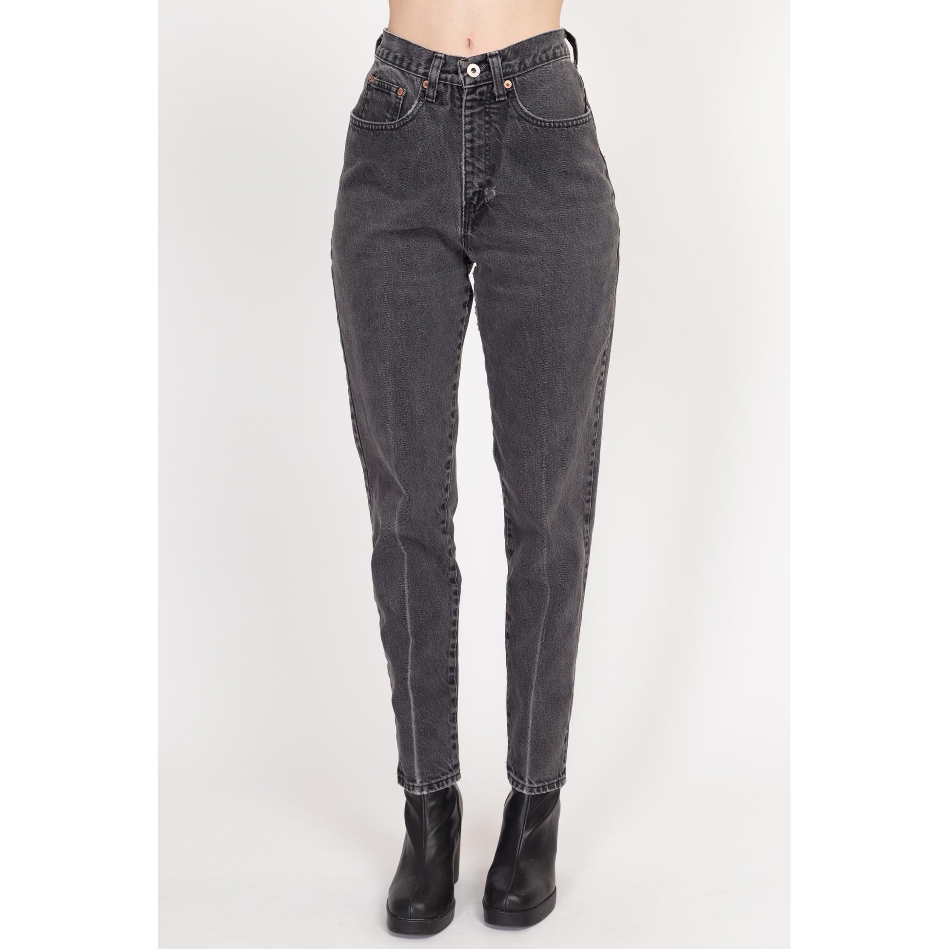 Small 90s Faded Black High Waisted Jeans 27" | Vintage Tapered Leg Denim Mom Jeans
