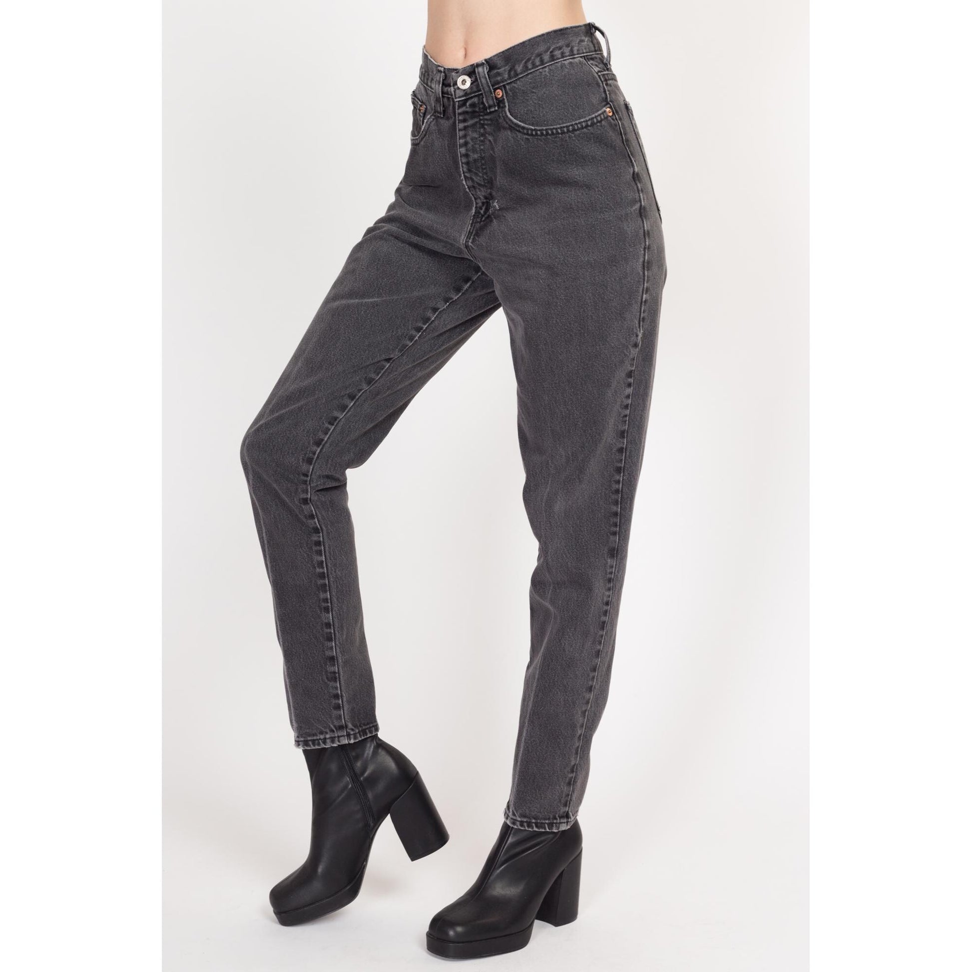 Small 90s Faded Black High Waisted Jeans 27" | Vintage Tapered Leg Denim Mom Jeans