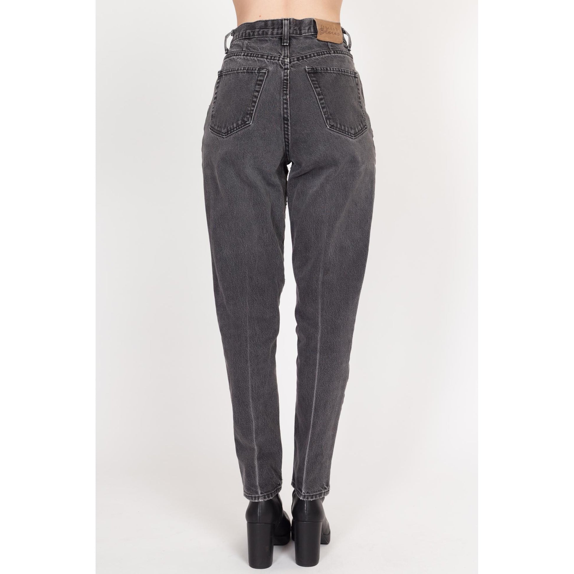 Small 90s Faded Black High Waisted Jeans 27" | Vintage Tapered Leg Denim Mom Jeans