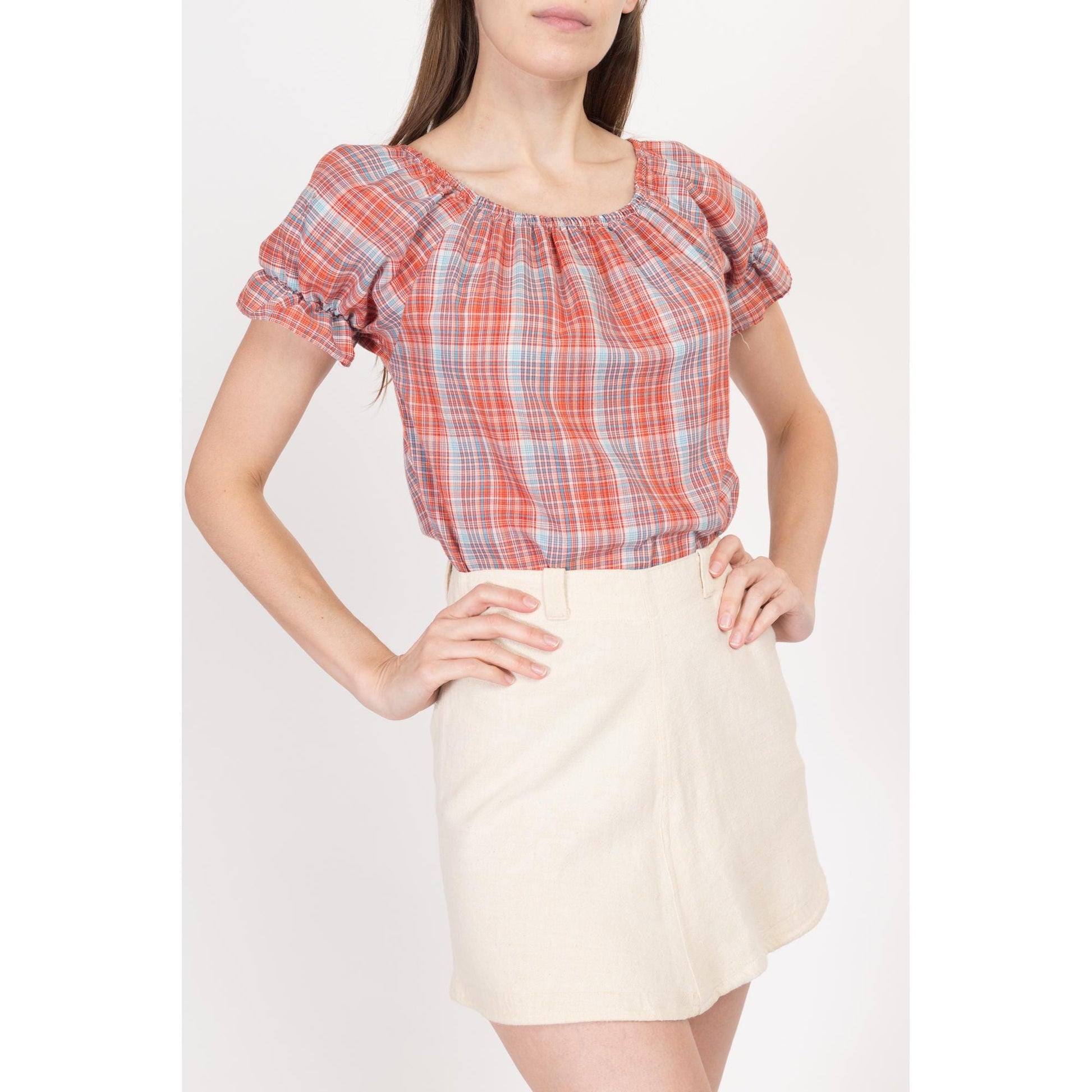 XS-Sm 70s Boho Plaid Puff Sleeve Top | Vintage Red Blue Short Sleeve Rockabilly Shirt