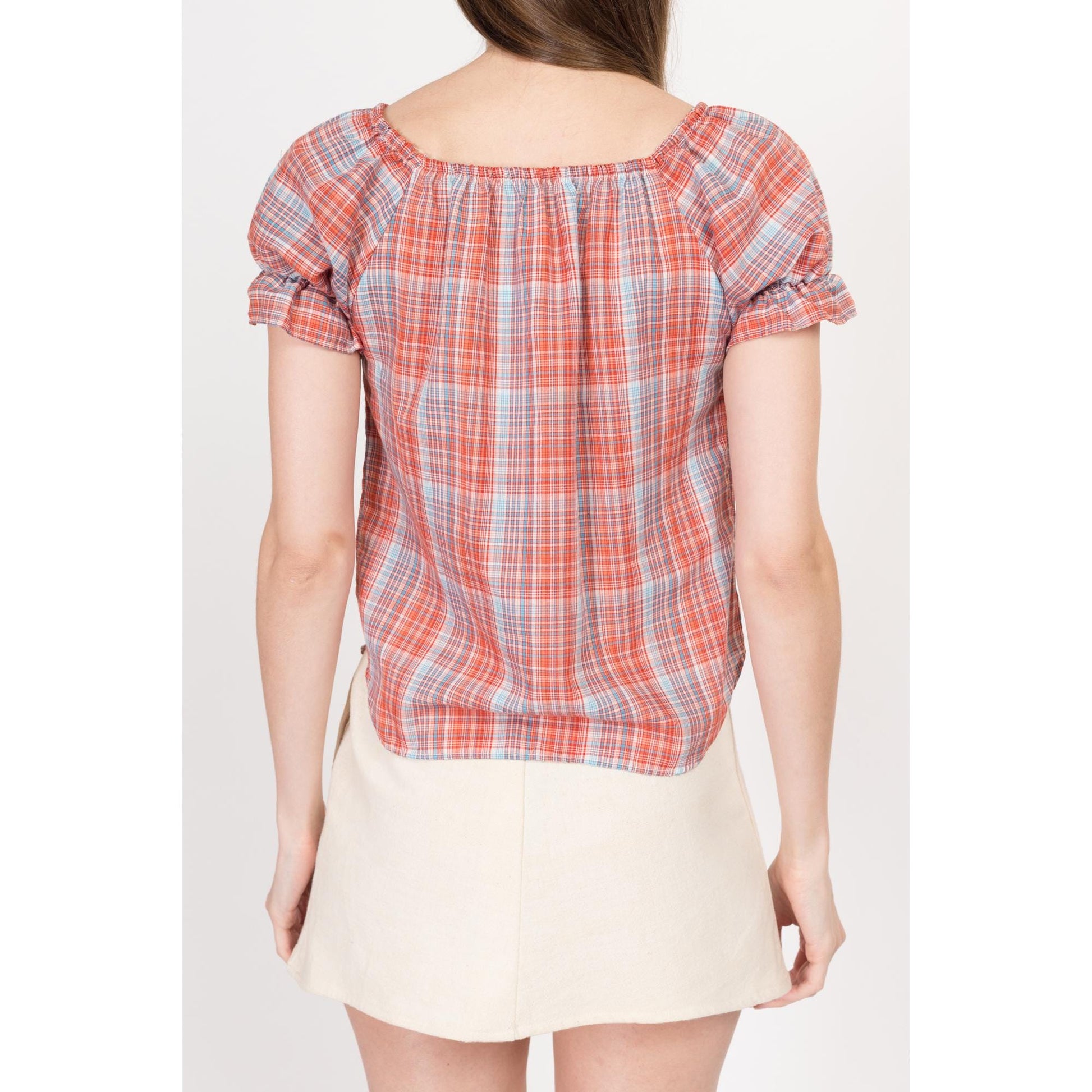 XS-Sm 70s Boho Plaid Puff Sleeve Top | Vintage Red Blue Short Sleeve Rockabilly Shirt