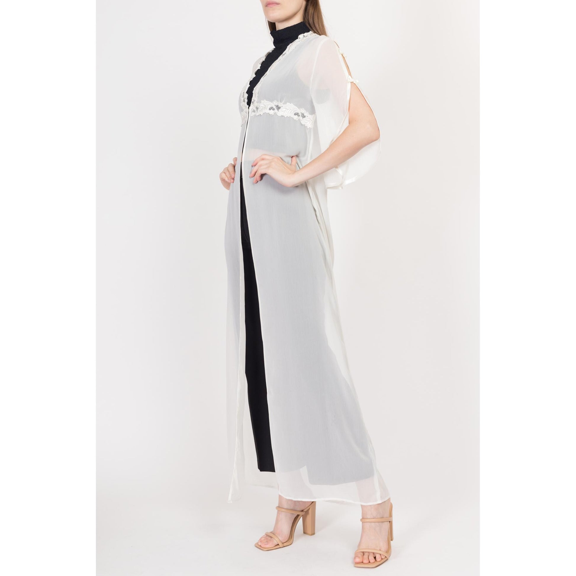Medium 90s Sheer White Maxi Peignoir | Vintage Satin Trim Negligee Robe Cover Up