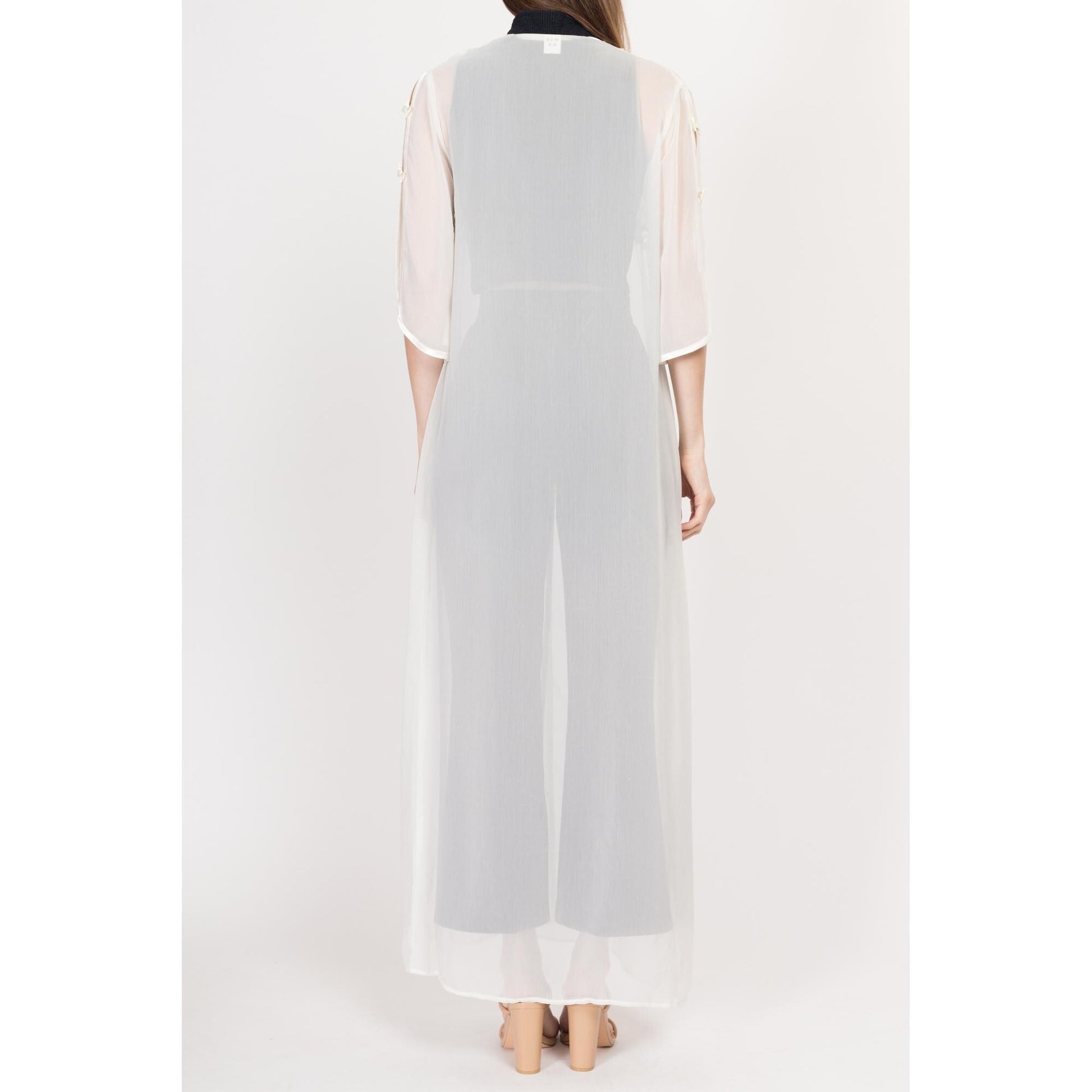 Medium 90s Sheer White Maxi Peignoir | Vintage Satin Trim Negligee Robe Cover Up