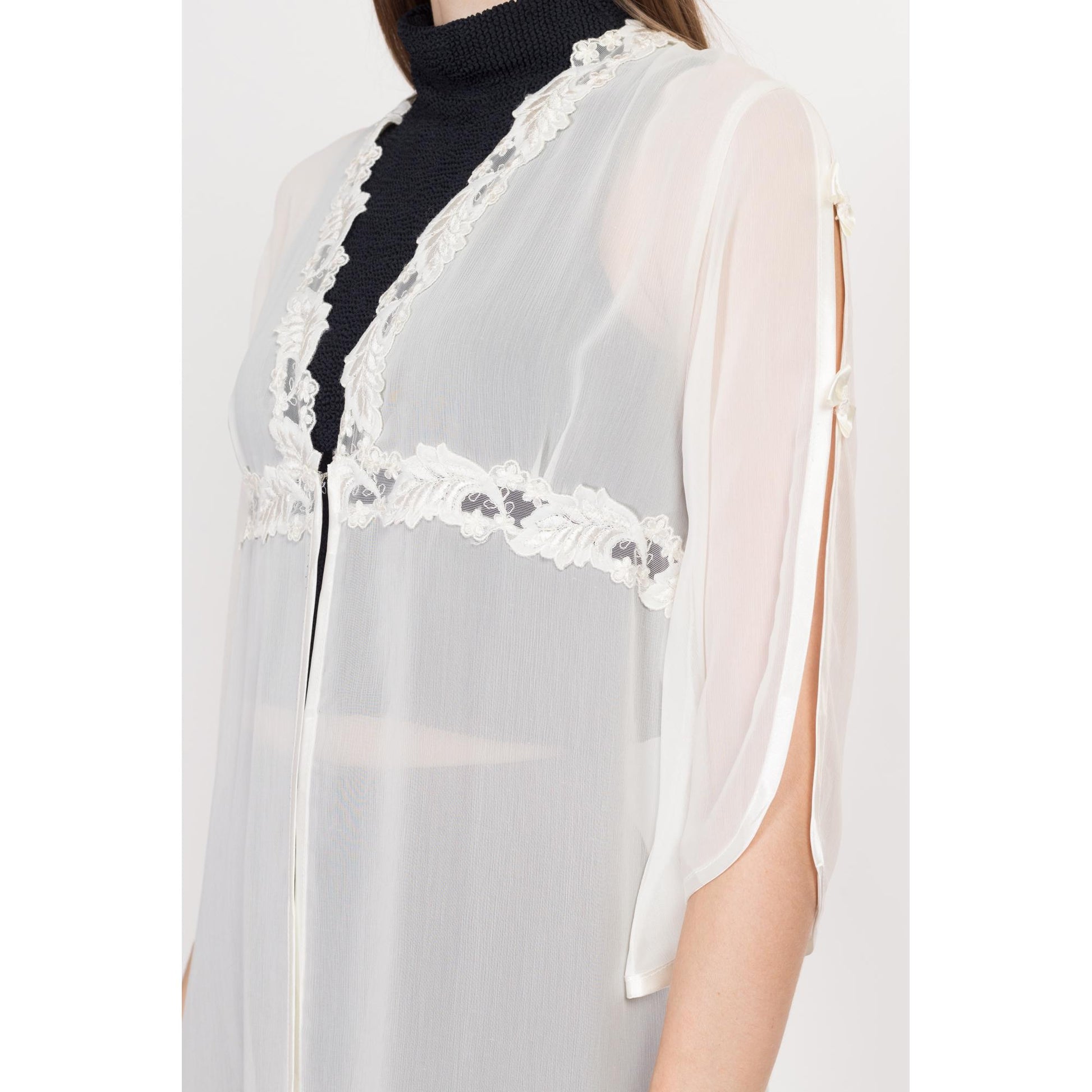 Medium 90s Sheer White Maxi Peignoir | Vintage Satin Trim Negligee Robe Cover Up
