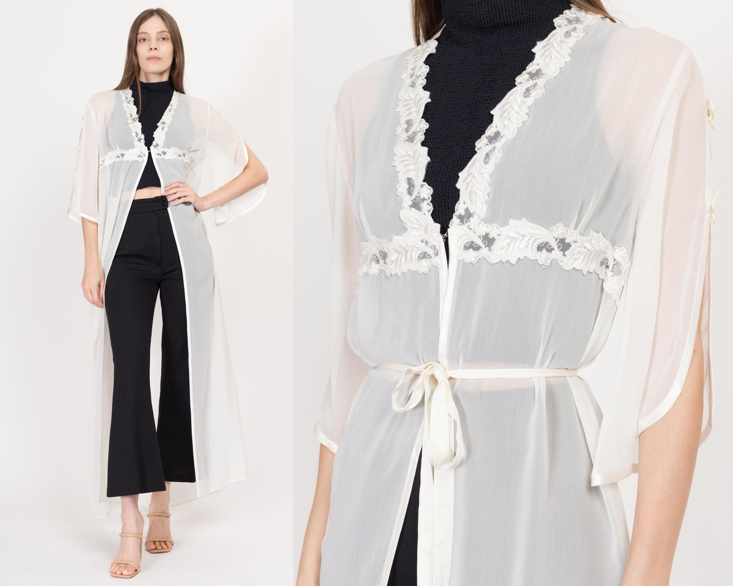 Medium 90s Sheer White Maxi Peignoir | Vintage Satin Trim Negligee Robe Cover Up