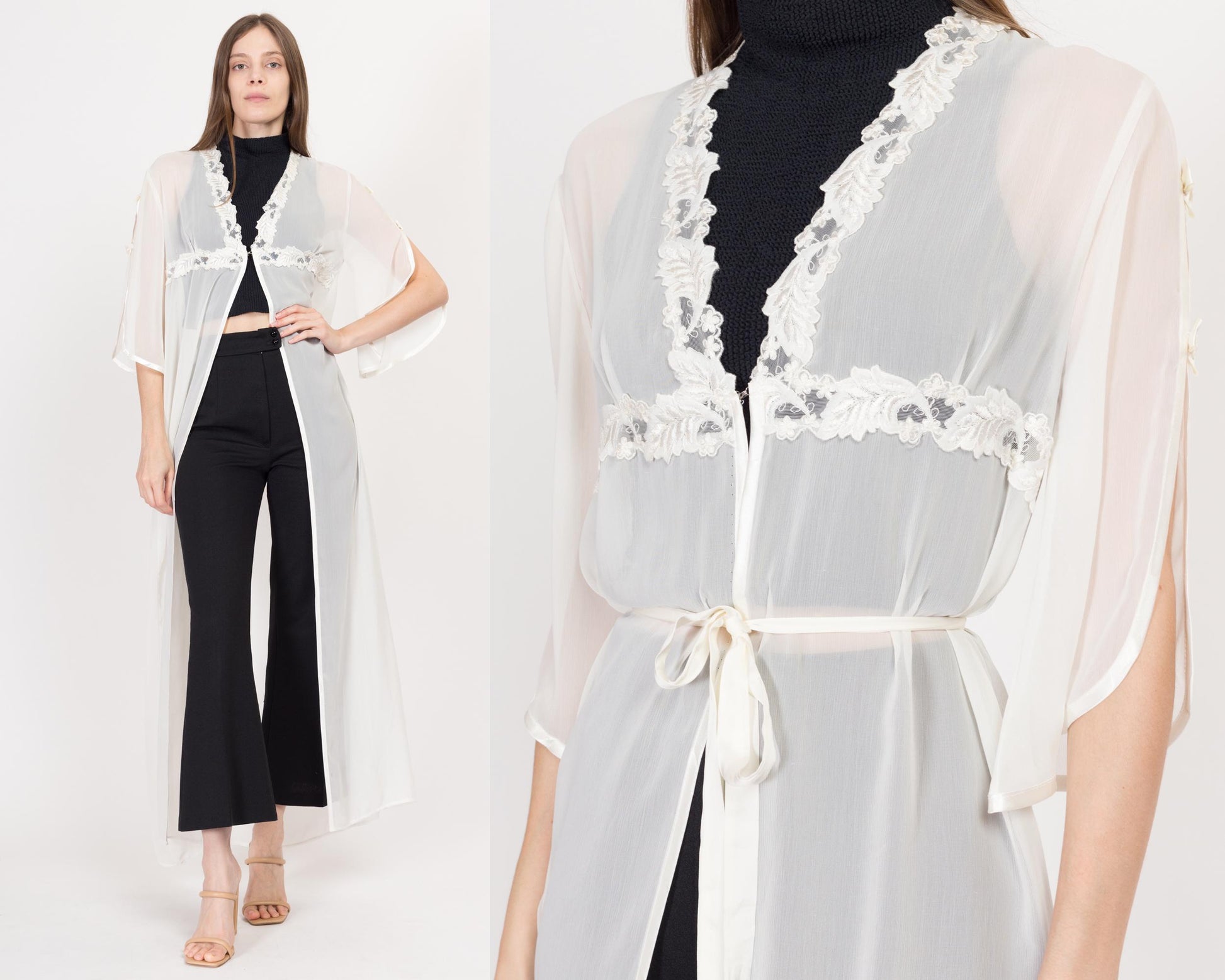 Medium 90s Sheer White Maxi Peignoir | Vintage Satin Trim Negligee Robe Cover Up