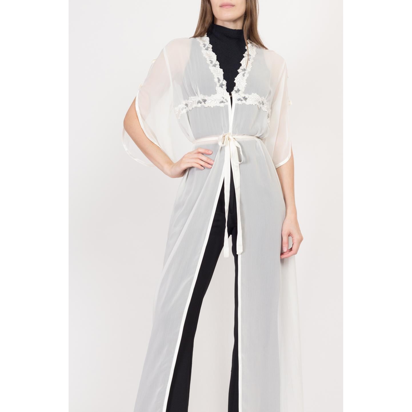 Medium 90s Sheer White Maxi Peignoir | Vintage Satin Trim Negligee Robe Cover Up