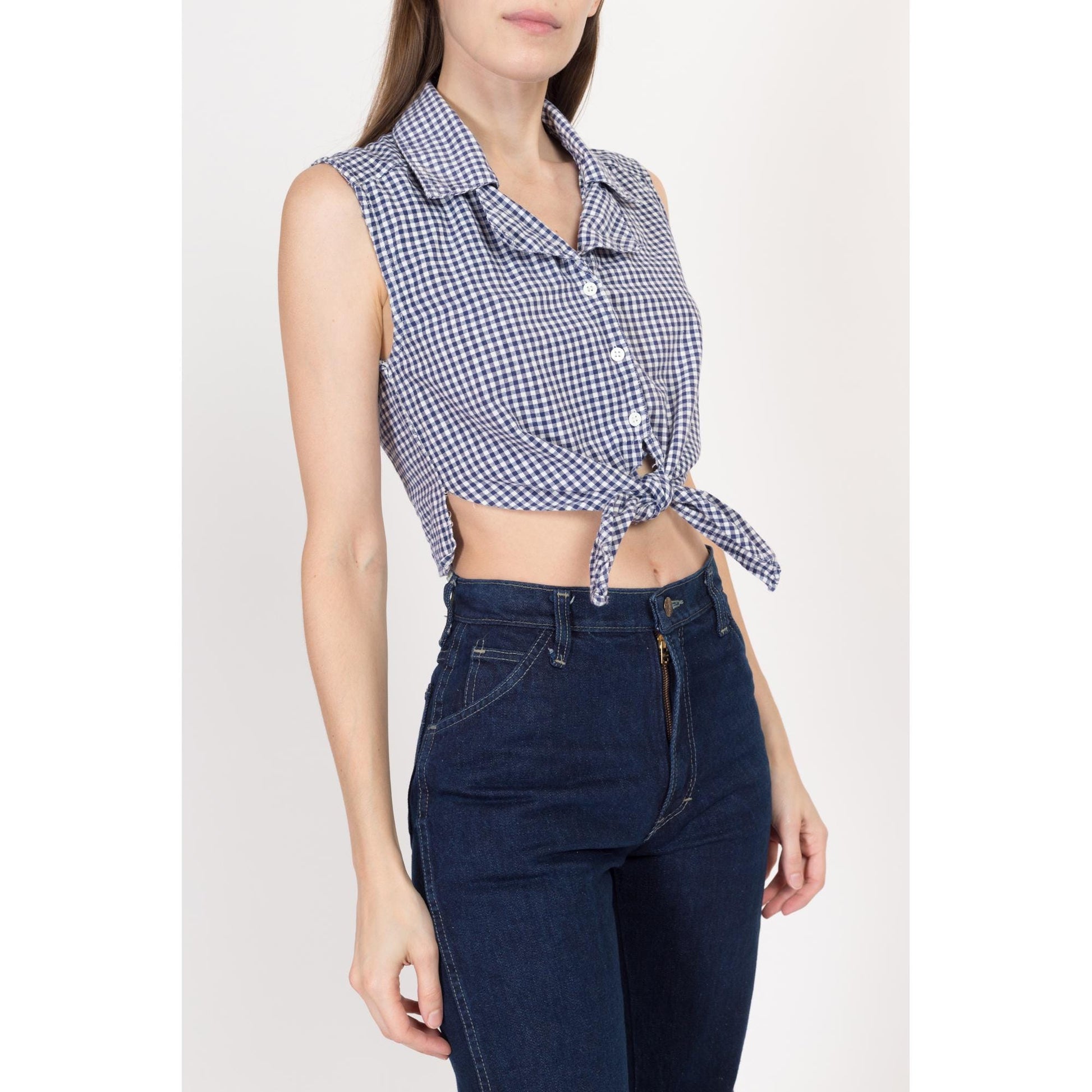 Small 90s Navy Blue & White Gingham Tie Front Crop Top | Vintage Button Up Sleeveless Plaid Collared Shirt