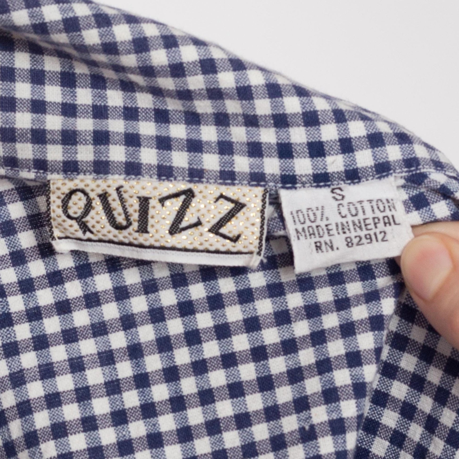 Small 90s Navy Blue & White Gingham Tie Front Crop Top | Vintage Button Up Sleeveless Plaid Collared Shirt