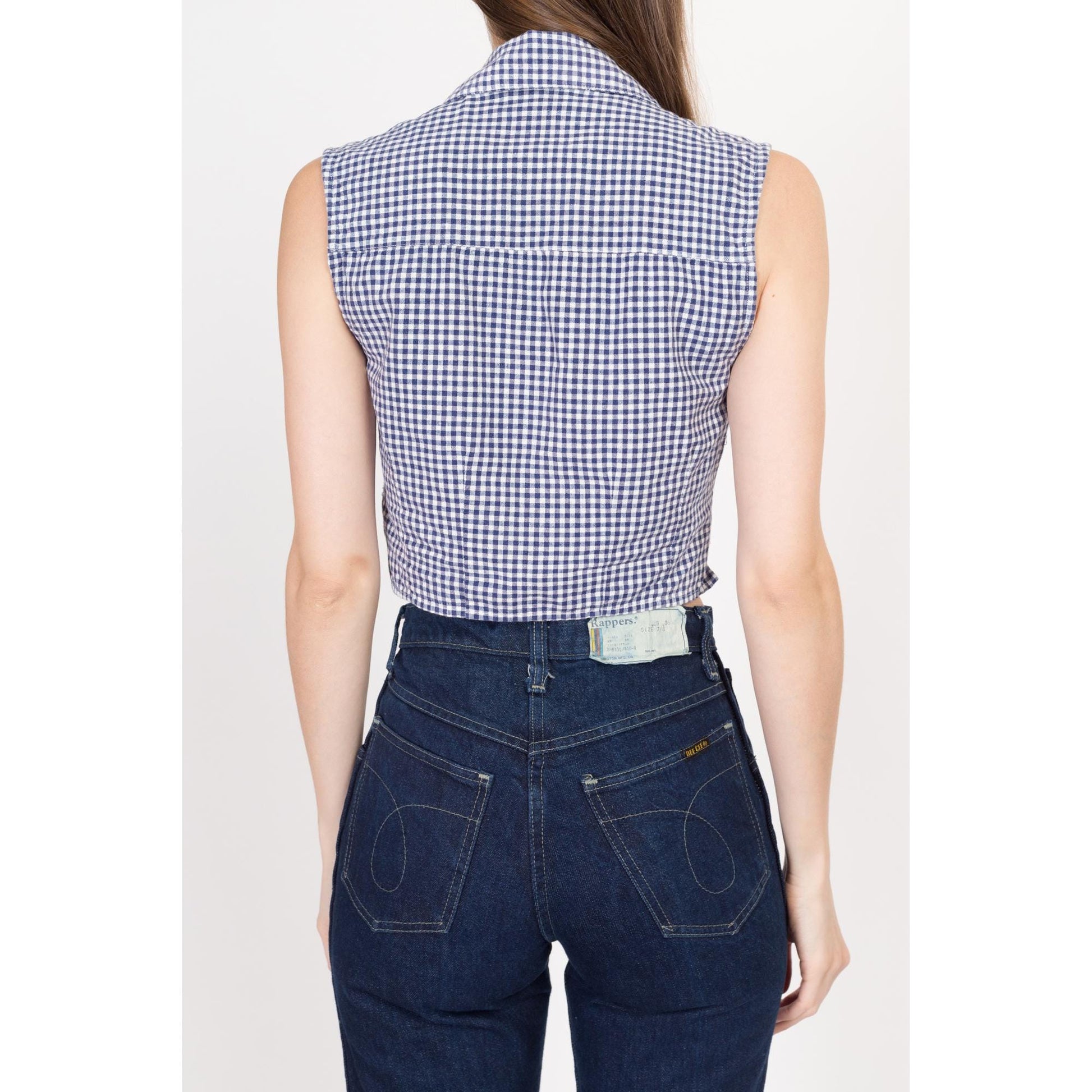 Small 90s Navy Blue & White Gingham Tie Front Crop Top | Vintage Button Up Sleeveless Plaid Collared Shirt
