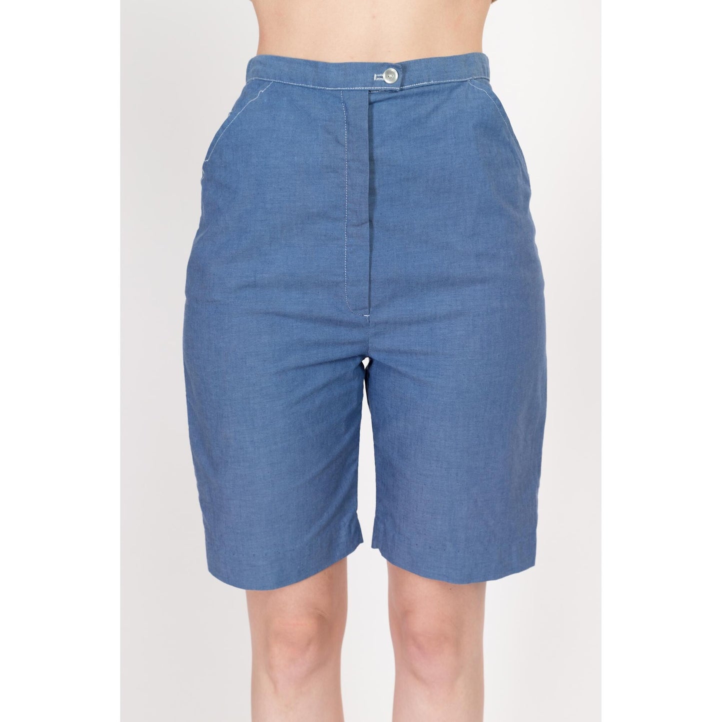 XS 60s Blue High Waisted Bermuda Shorts 25" | Retro Vintage Hourglass Curvy Fit Long Inseam Shorts