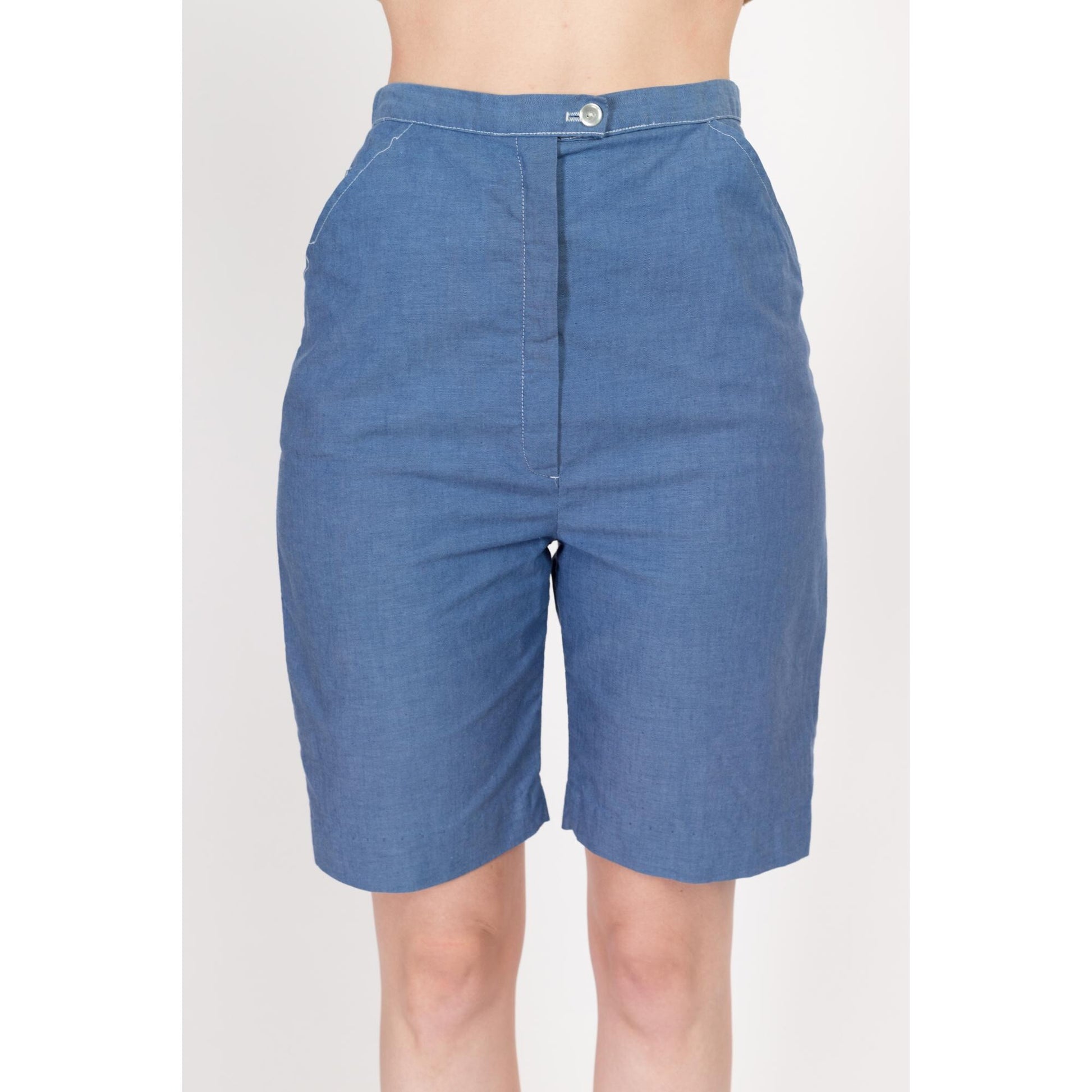 XS 60s Blue High Waisted Bermuda Shorts 25" | Retro Vintage Hourglass Curvy Fit Long Inseam Shorts