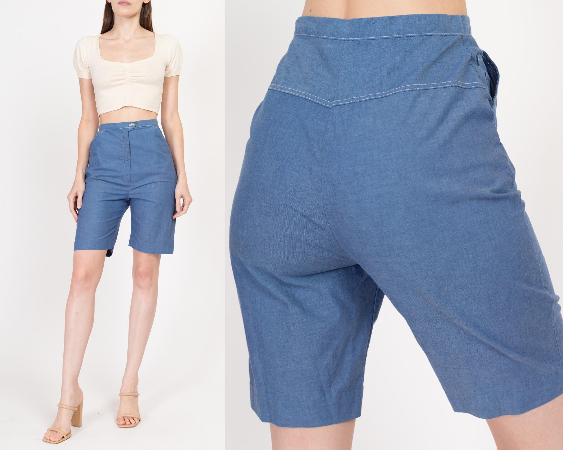 XS 60s Blue High Waisted Bermuda Shorts 25" | Retro Vintage Hourglass Curvy Fit Long Inseam Shorts