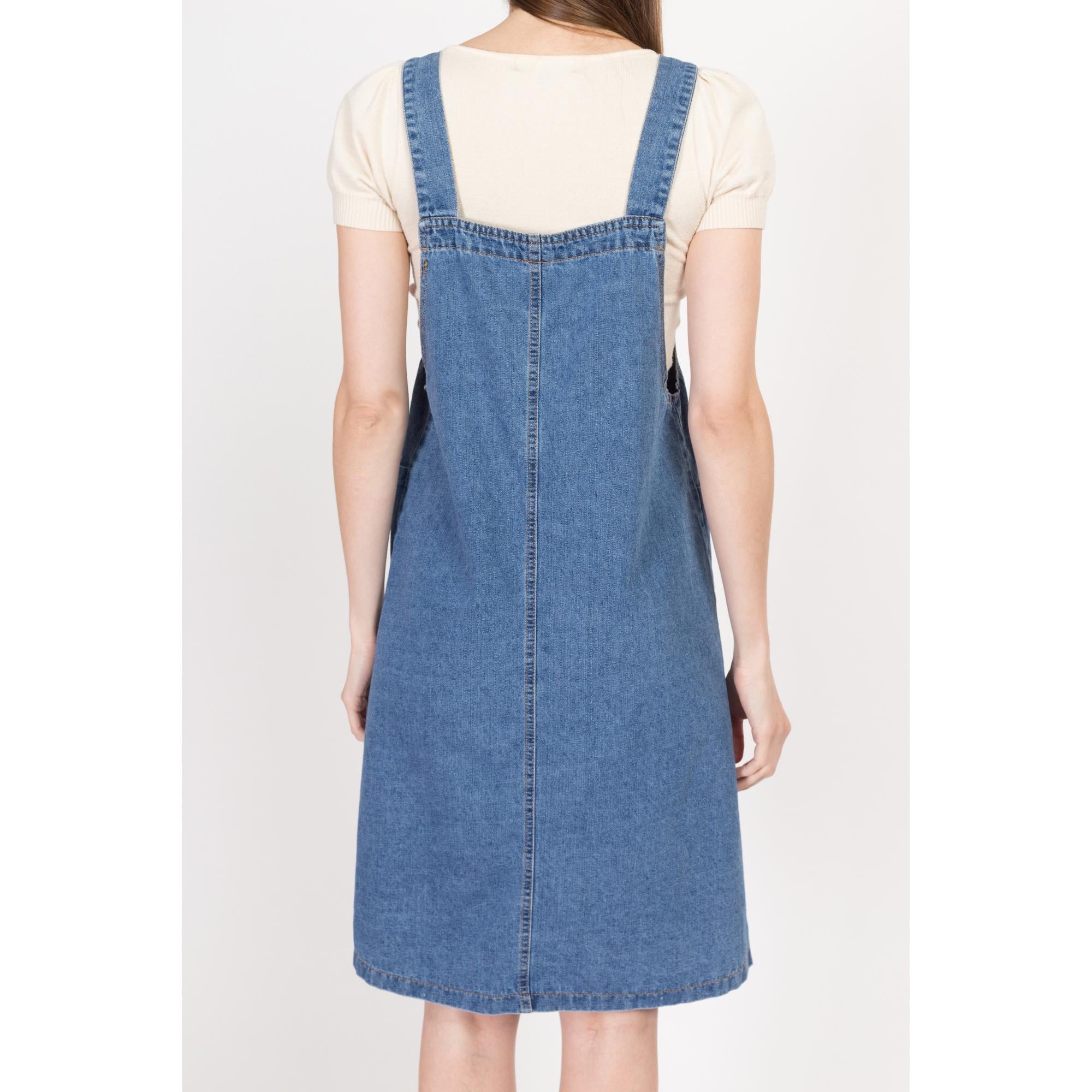 Small 90s Denim A Line Mini Pinafore Dress Flying Apple Vintage