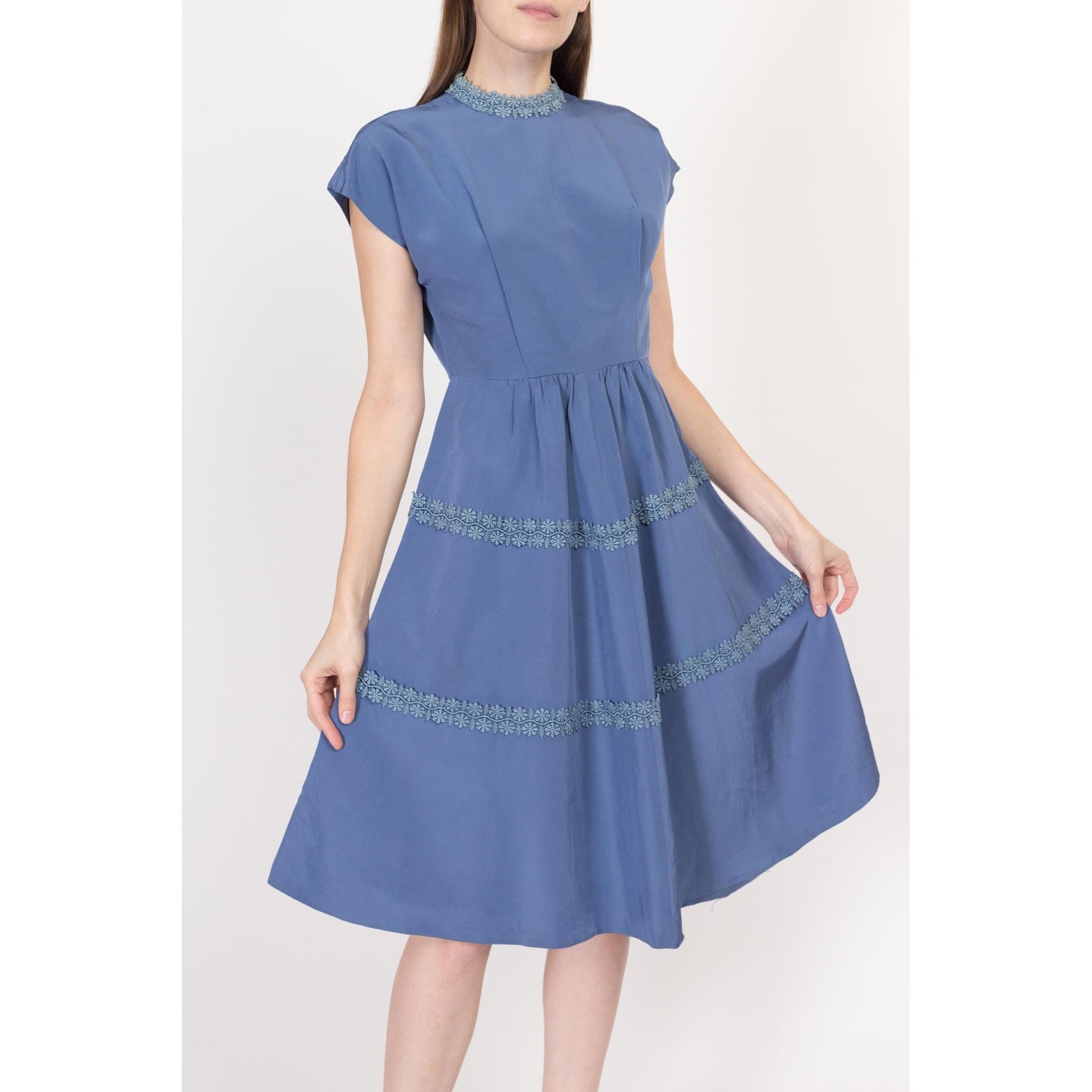 Petite Medium 1950s Slate Blue Crochet Trim Fit & Flare Dress