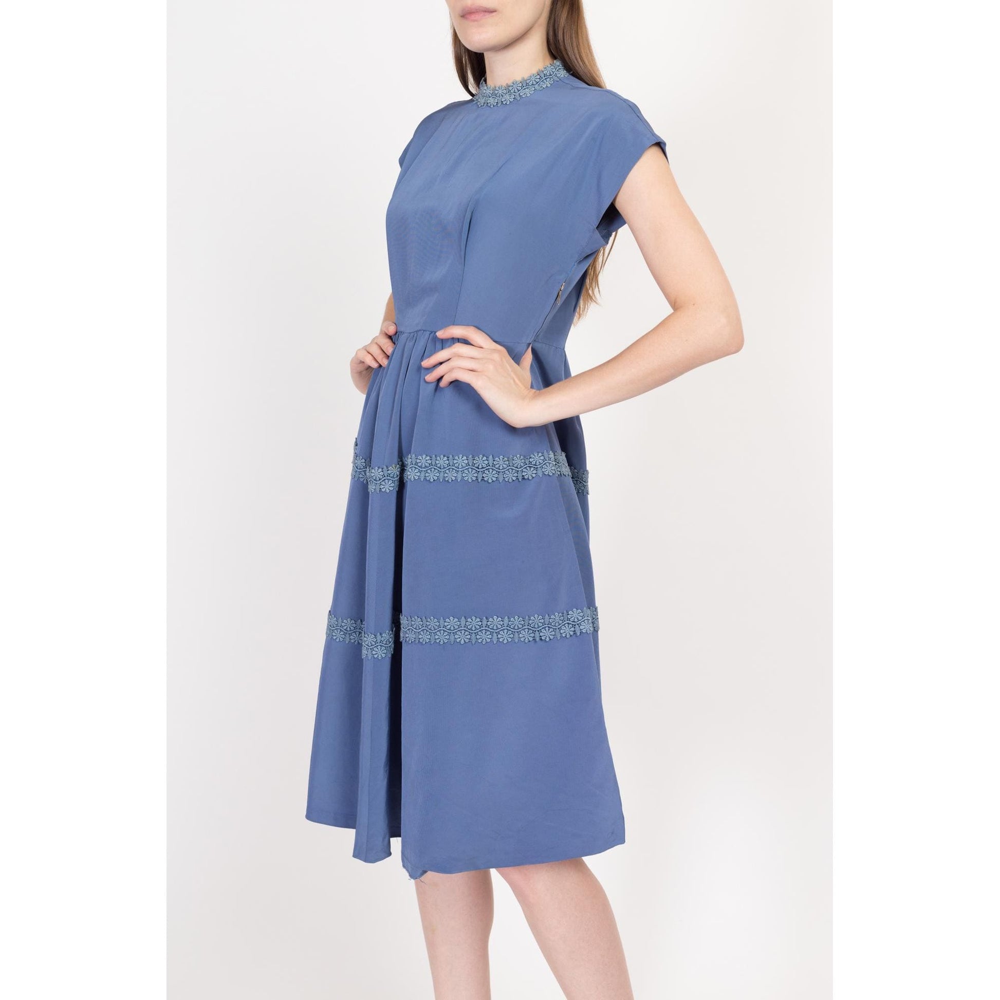 Petite Medium 1950s Slate Blue Crochet Trim Fit & Flare Dress | Vintage 50s Boho Midi Day Dress