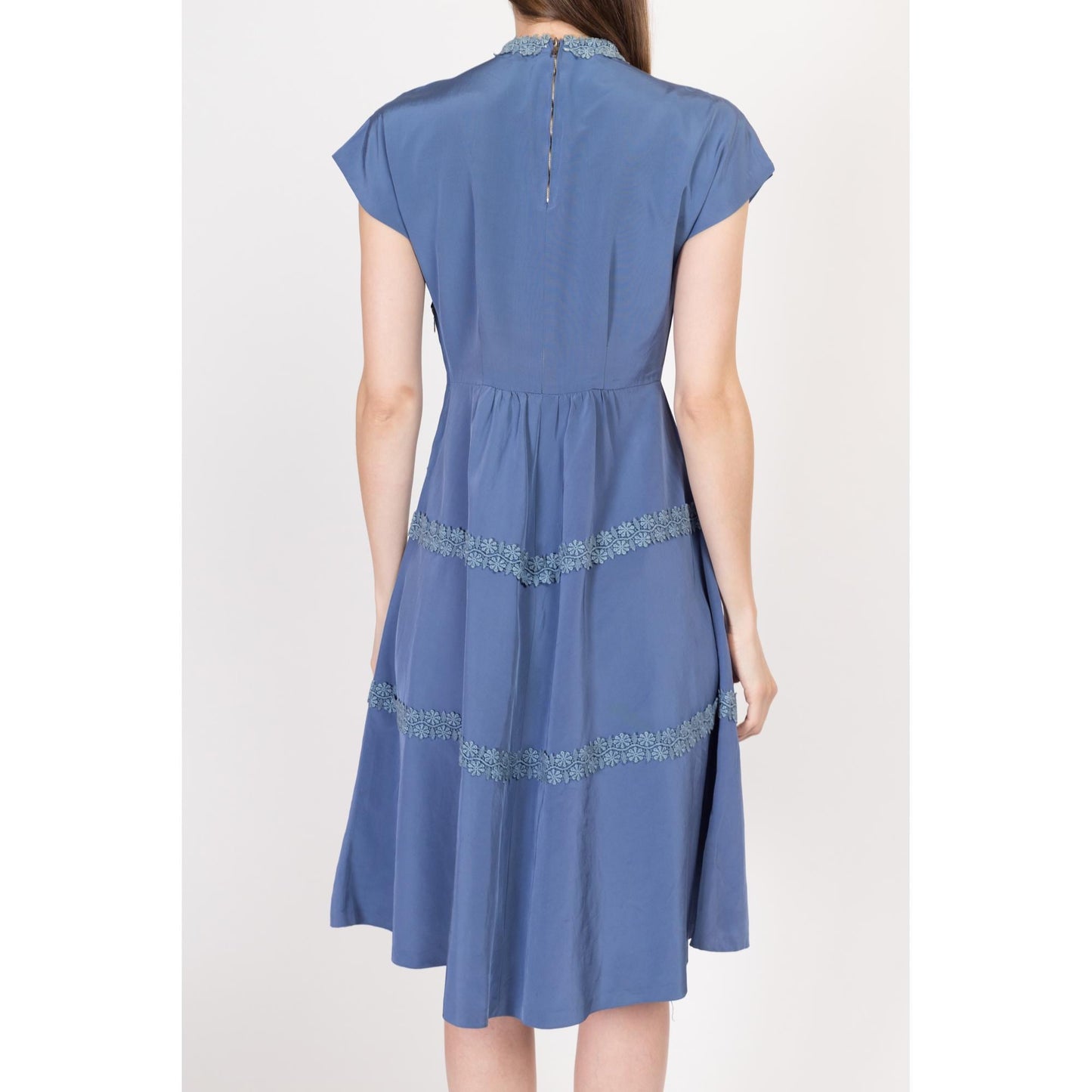 Petite Medium 1950s Slate Blue Crochet Trim Fit & Flare Dress | Vintage 50s Boho Midi Day Dress