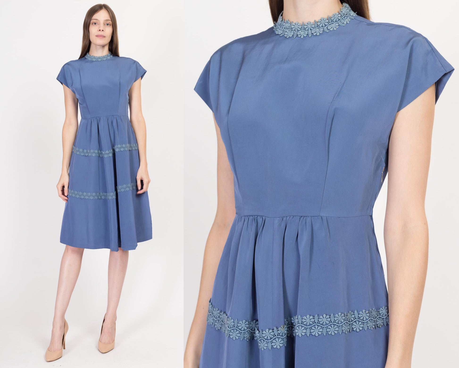 Petite Medium 1950s Slate Blue Crochet Trim Fit & Flare Dress – Flying  Apple Vintage