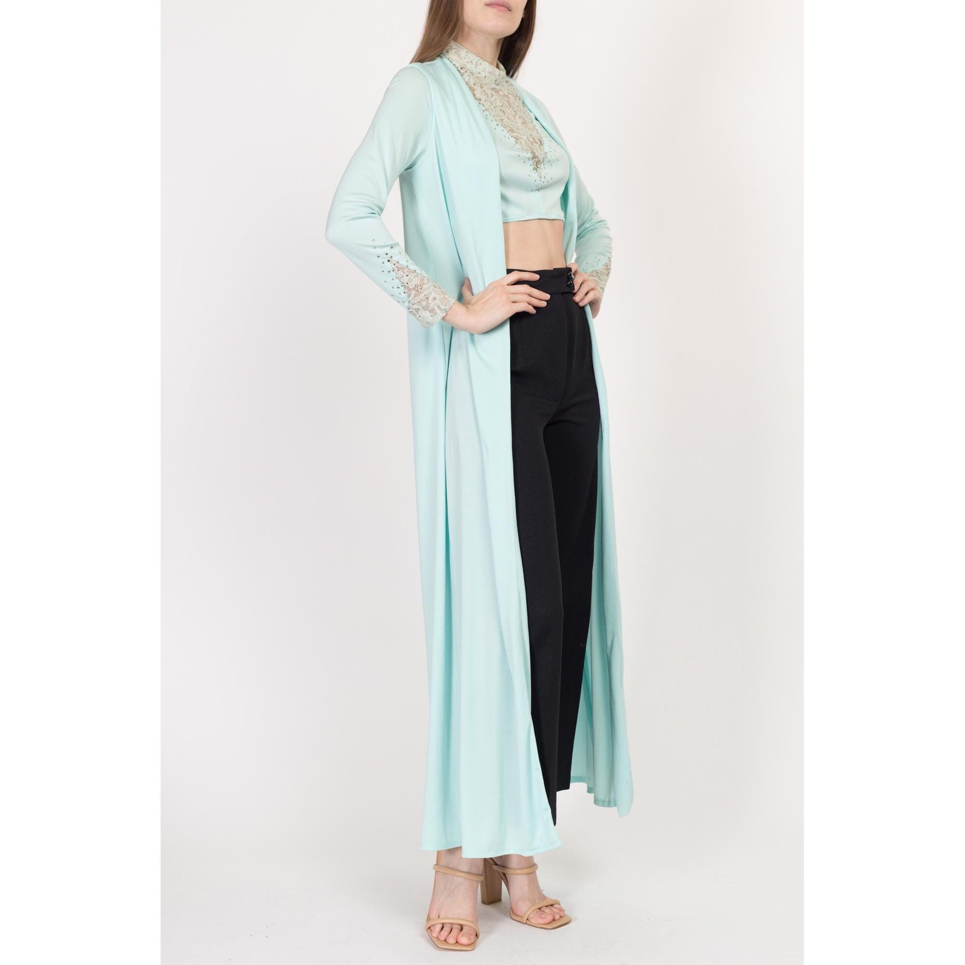 XS-Sm 70s Mint Rhinestone Crop Top & Maxi Jacket Matching Set | Vintage Blue Green Long Vest Two Piece Disco Outfit