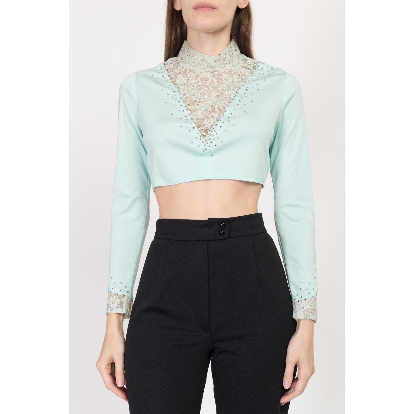 XS-Sm 70s Mint Rhinestone Crop Top & Maxi Jacket Matching Set | Vintage Blue Green Long Vest Two Piece Disco Outfit