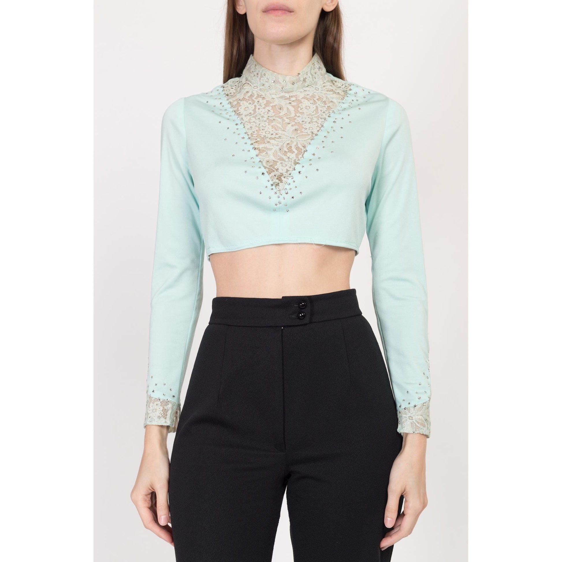 XS-Sm 70s Mint Rhinestone Crop Top & Maxi Jacket Matching Set | Vintage Blue Green Long Vest Two Piece Disco Outfit