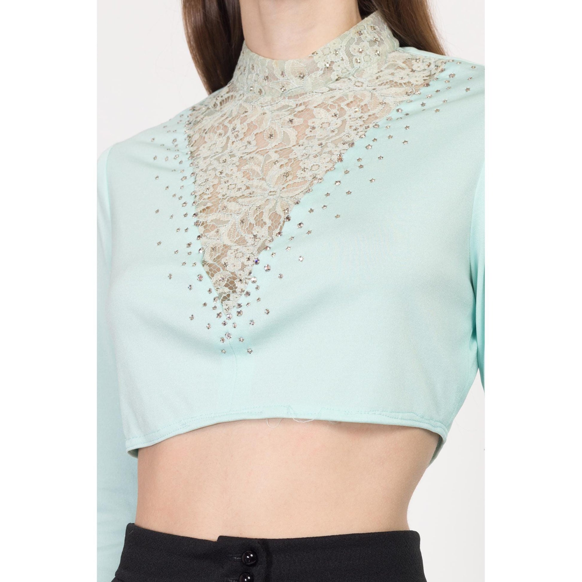XS-Sm 70s Mint Rhinestone Crop Top & Maxi Jacket Matching Set | Vintage Blue Green Long Vest Two Piece Disco Outfit