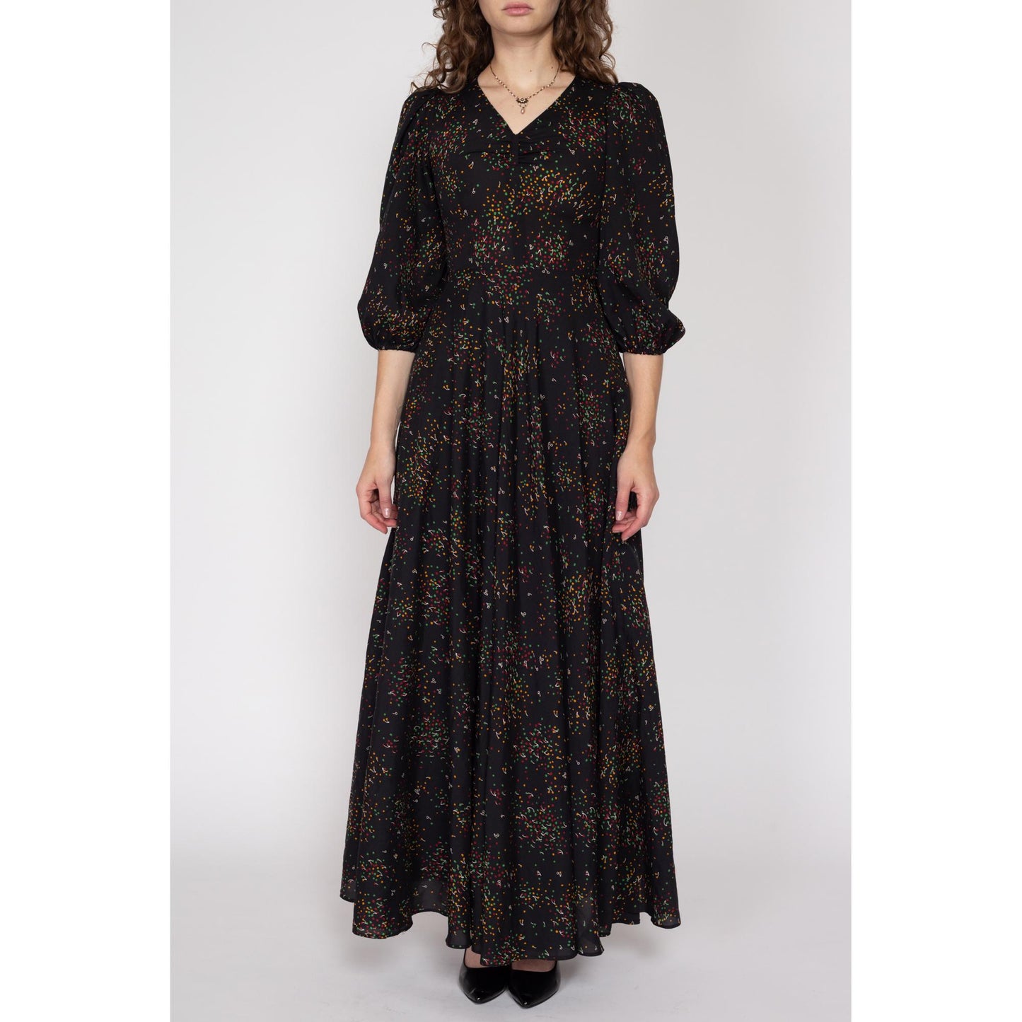 XS 70s Black Cherry Polka Dot Print Maxi Dress | Boho Vintage 3/4 Sleeve V Neck Fit & Flare Gown