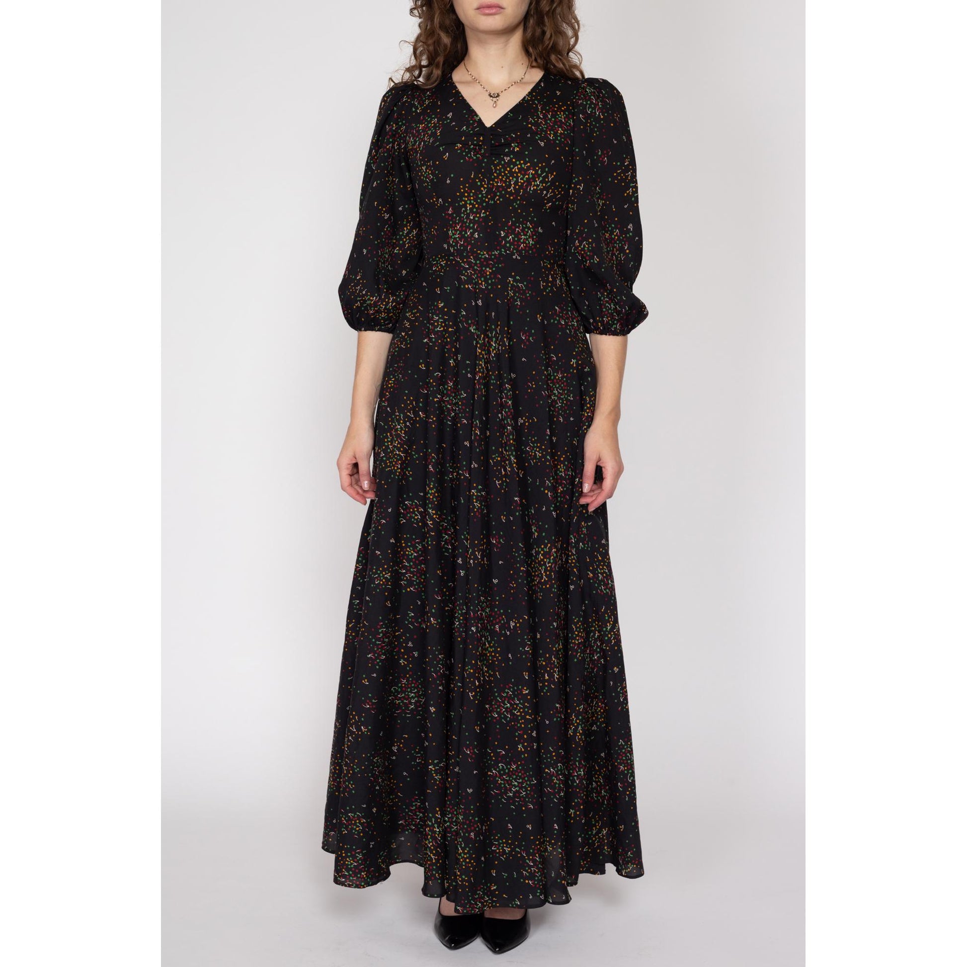 XS 70s Black Cherry Polka Dot Print Maxi Dress | Boho Vintage 3/4 Sleeve V Neck Fit & Flare Gown