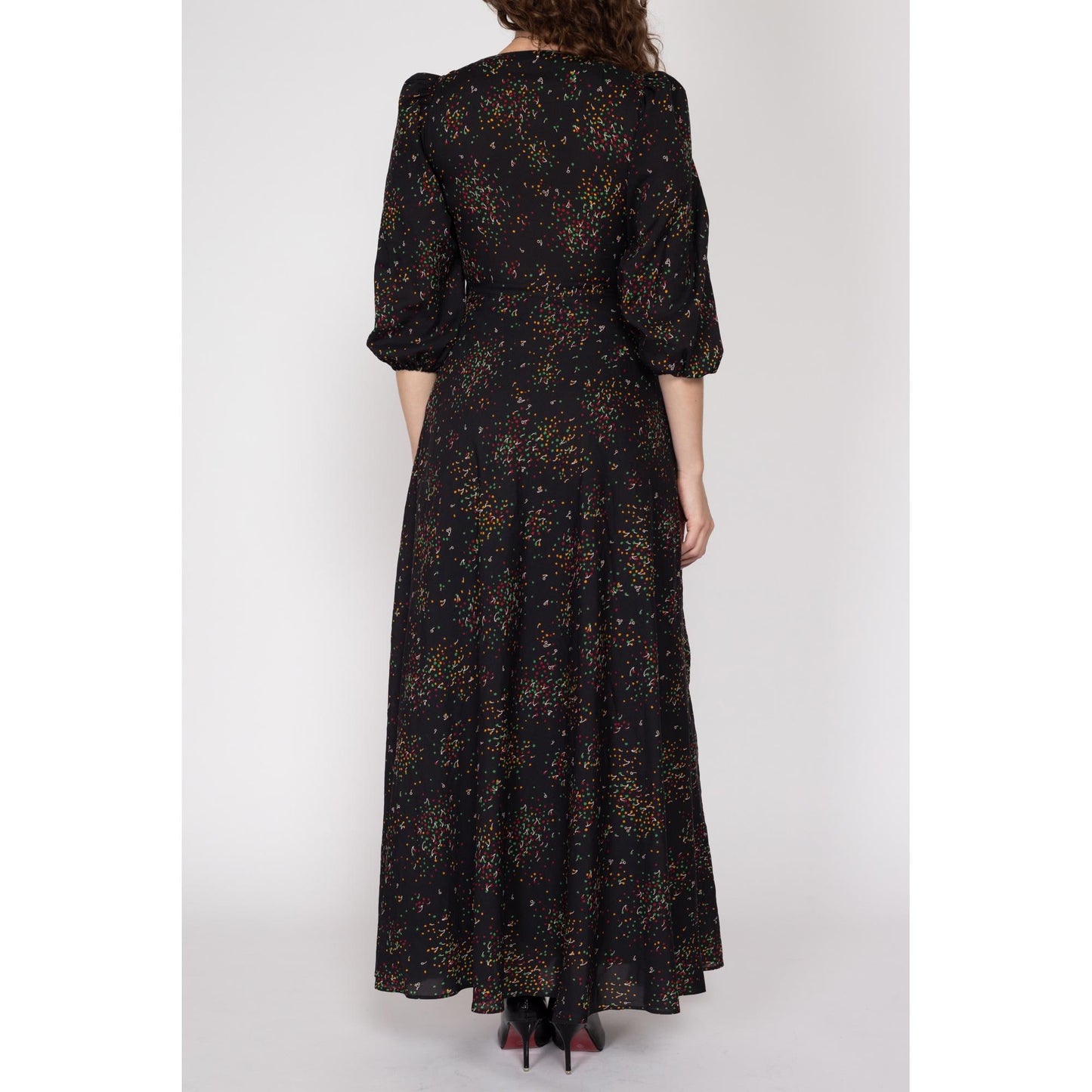 XS 70s Black Cherry Polka Dot Print Maxi Dress | Boho Vintage 3/4 Sleeve V Neck Fit & Flare Gown