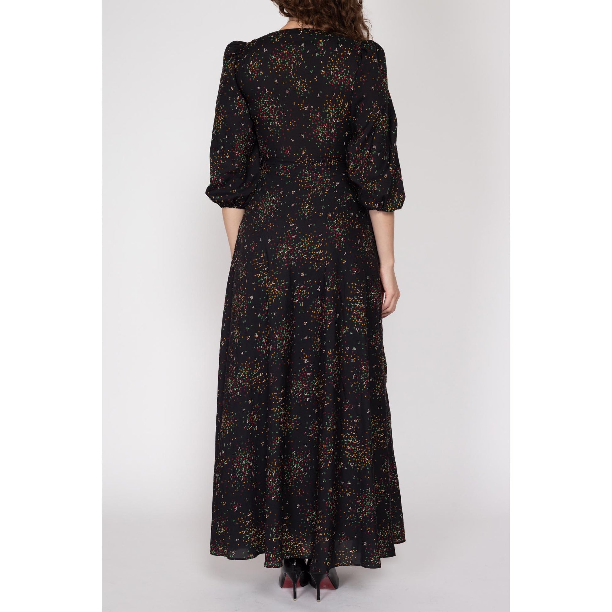 XS 70s Black Cherry Polka Dot Print Maxi Dress | Boho Vintage 3/4 Sleeve V Neck Fit & Flare Gown