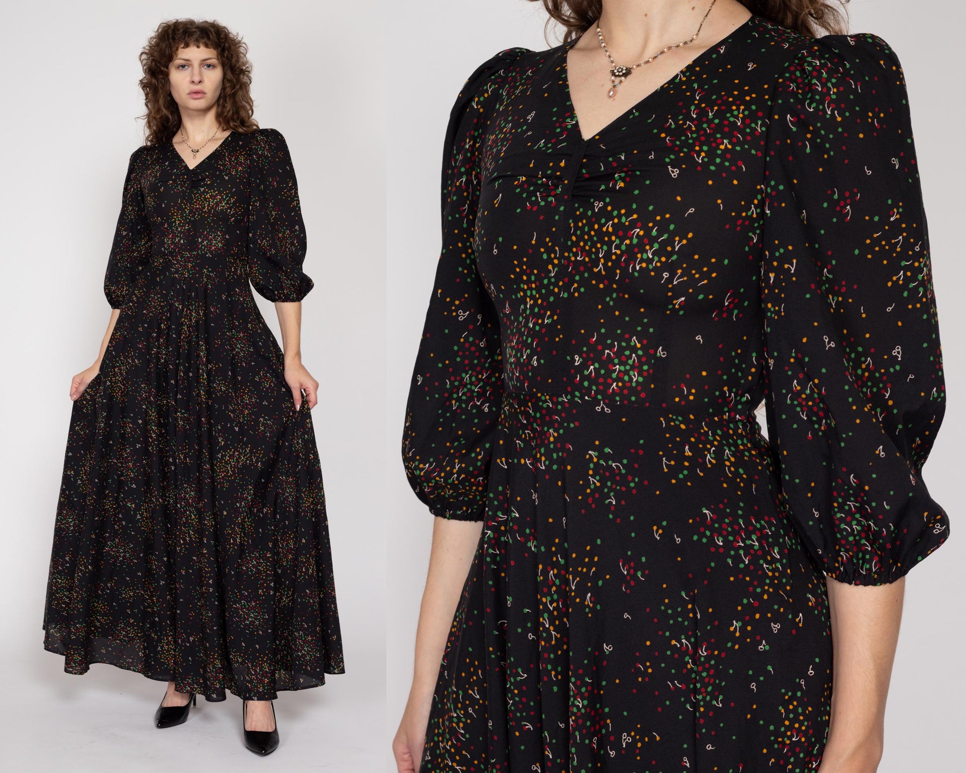 XS 70s Black Cherry Polka Dot Print Maxi Dress | Boho Vintage 3/4 Sleeve V Neck Fit & Flare Gown