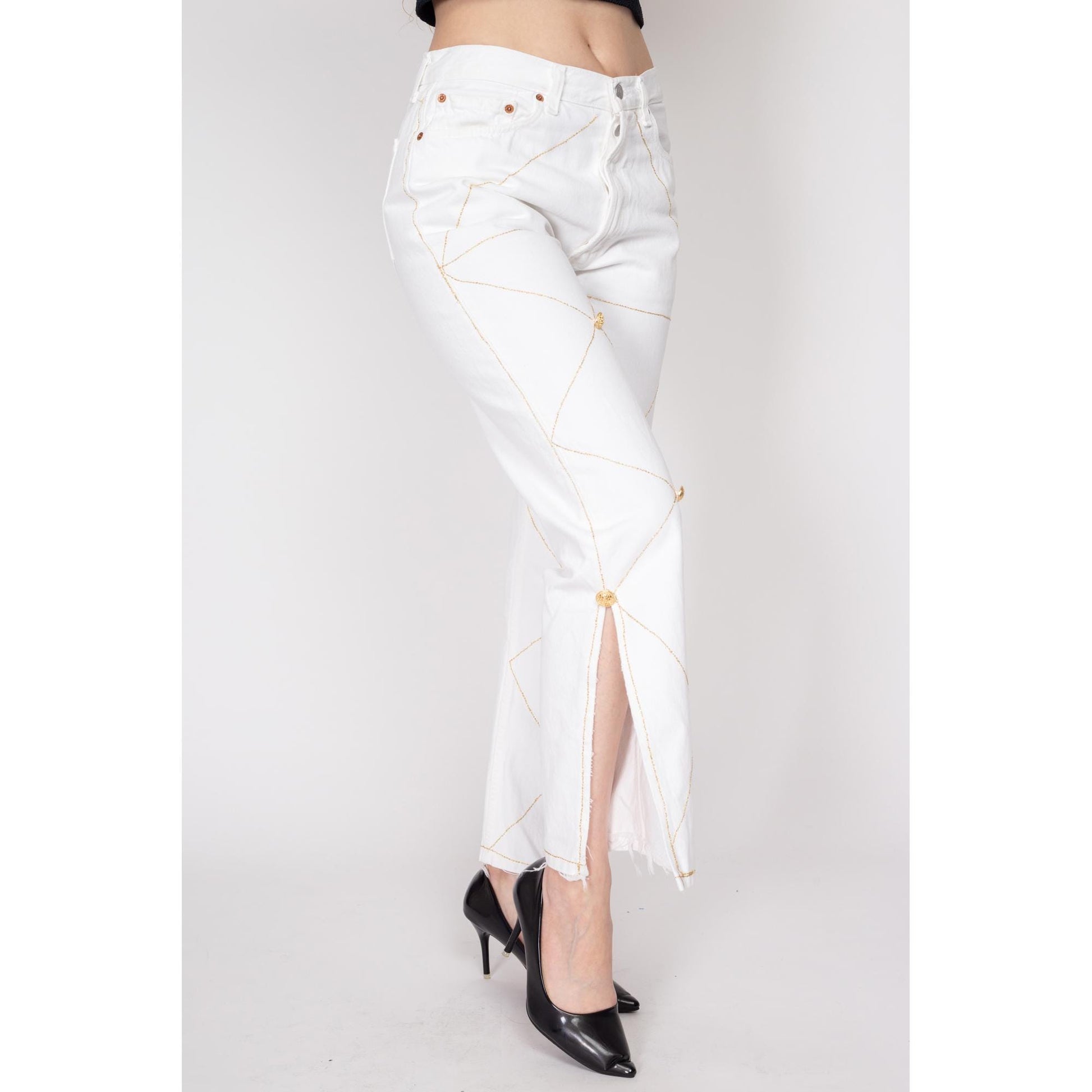 Medium Y2K Levis 501 White & Gold Embellished Jeans | Vintage Levi's Reworked Denim