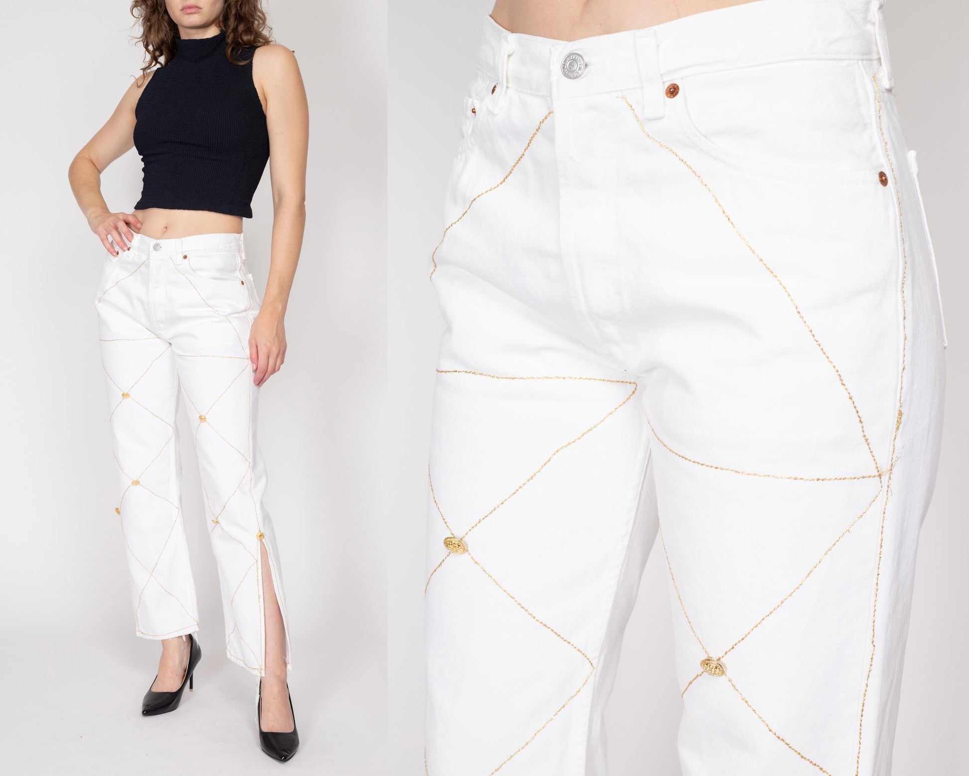 Medium Y2K Levis 501 White & Gold Embellished Jeans | Vintage Levi's Reworked Denim