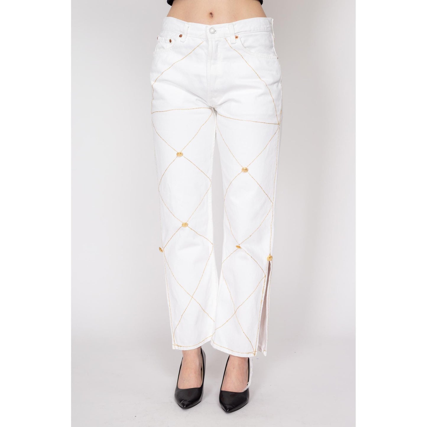 Medium Y2K Levis 501 White & Gold Embellished Jeans | Vintage Levi's Reworked Denim