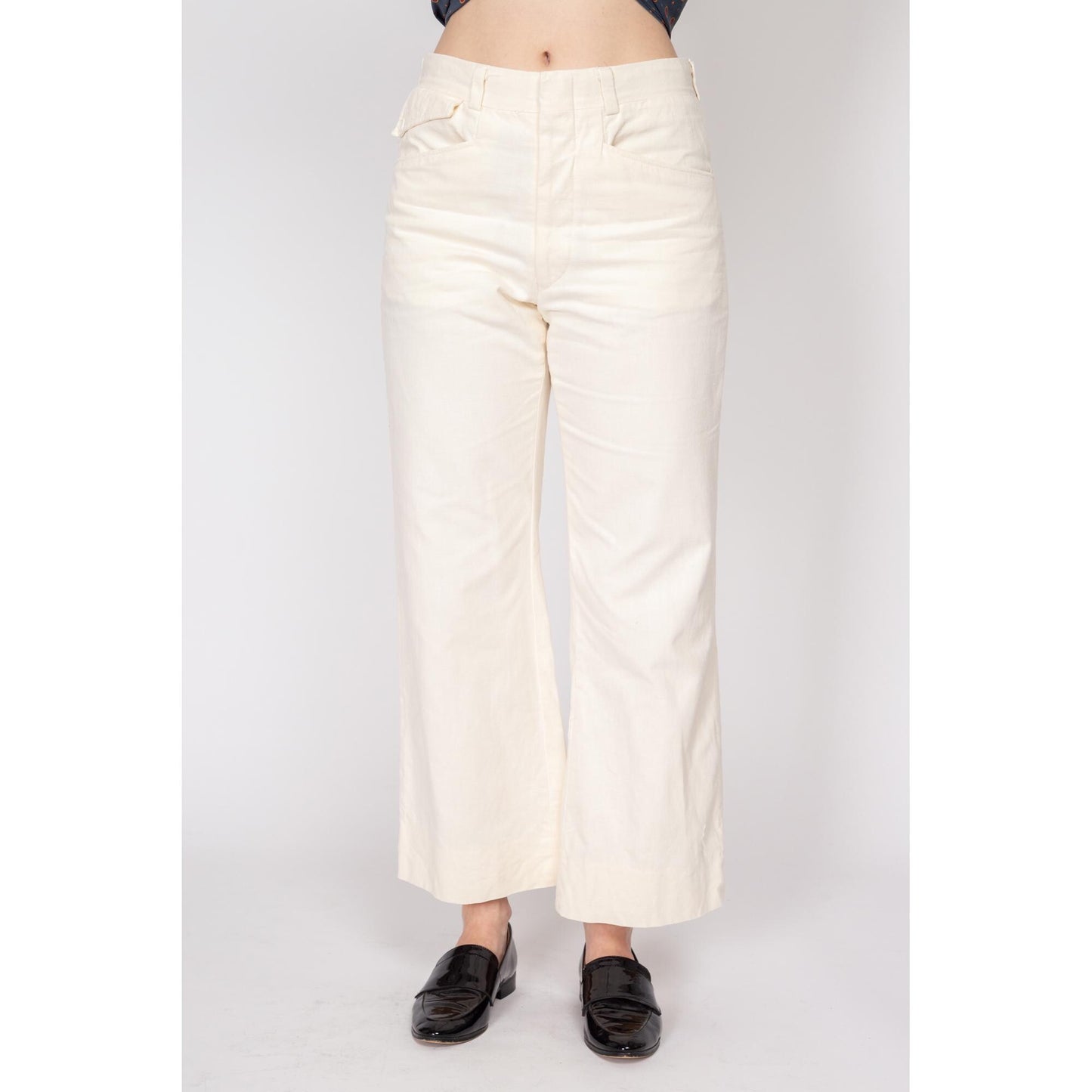 Sm-Med 70s Cream Flared Unisex Trousers 30" | Vintage Off-White High Waisted Flared Leg Pants