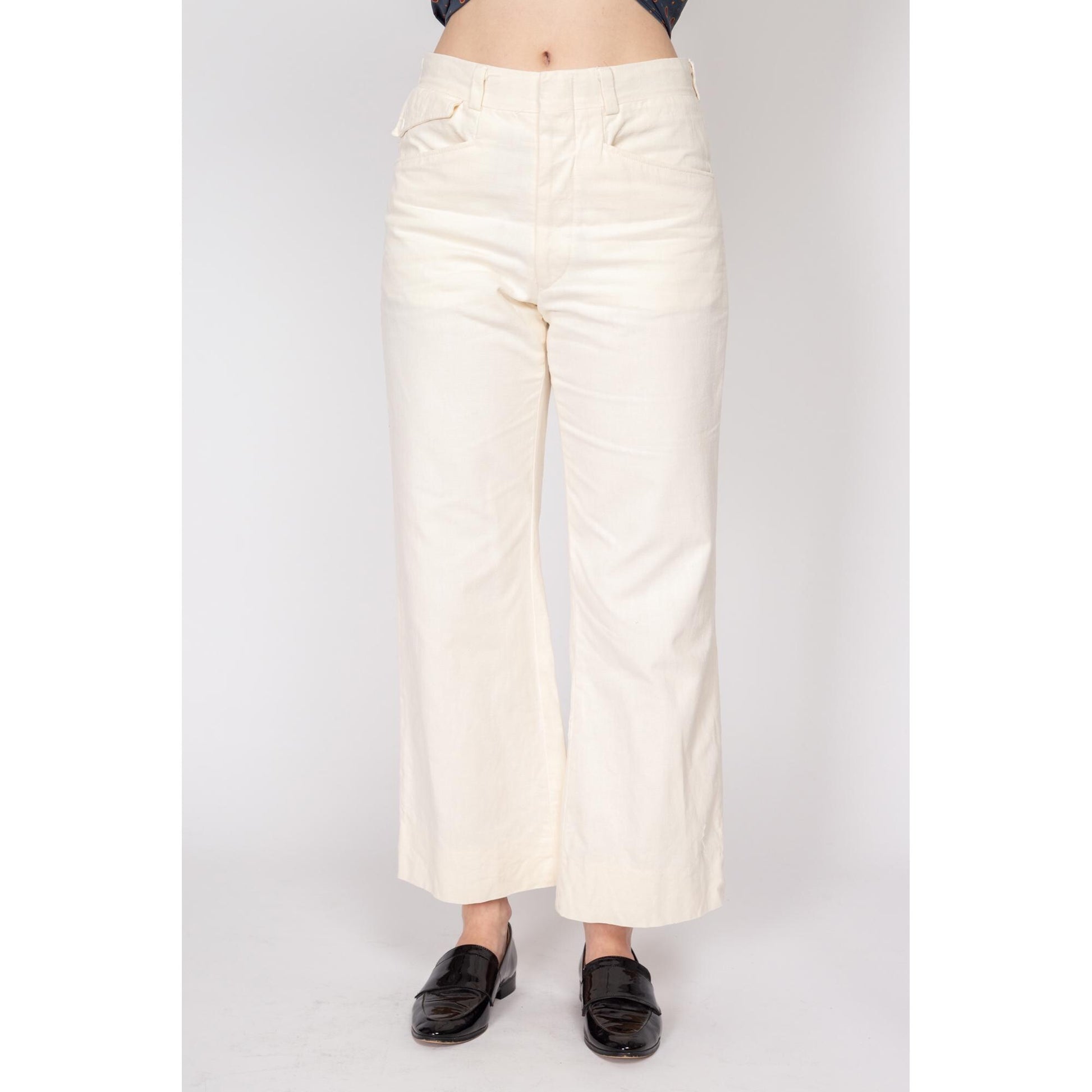 Sm-Med 70s Cream Flared Unisex Trousers 30" | Vintage Off-White High Waisted Flared Leg Pants