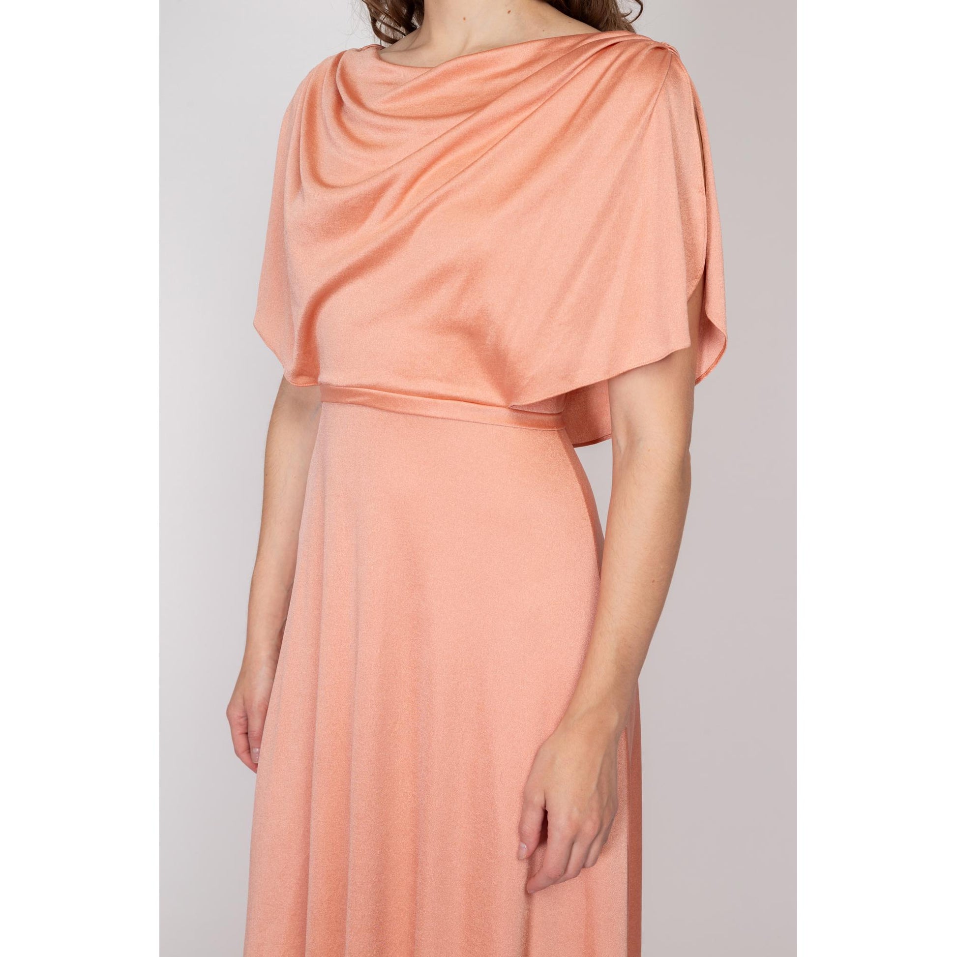Small 70s Grecian Peach Draped Back Evening Gown | Vintage Blouson Boho Formal Maxi Dress