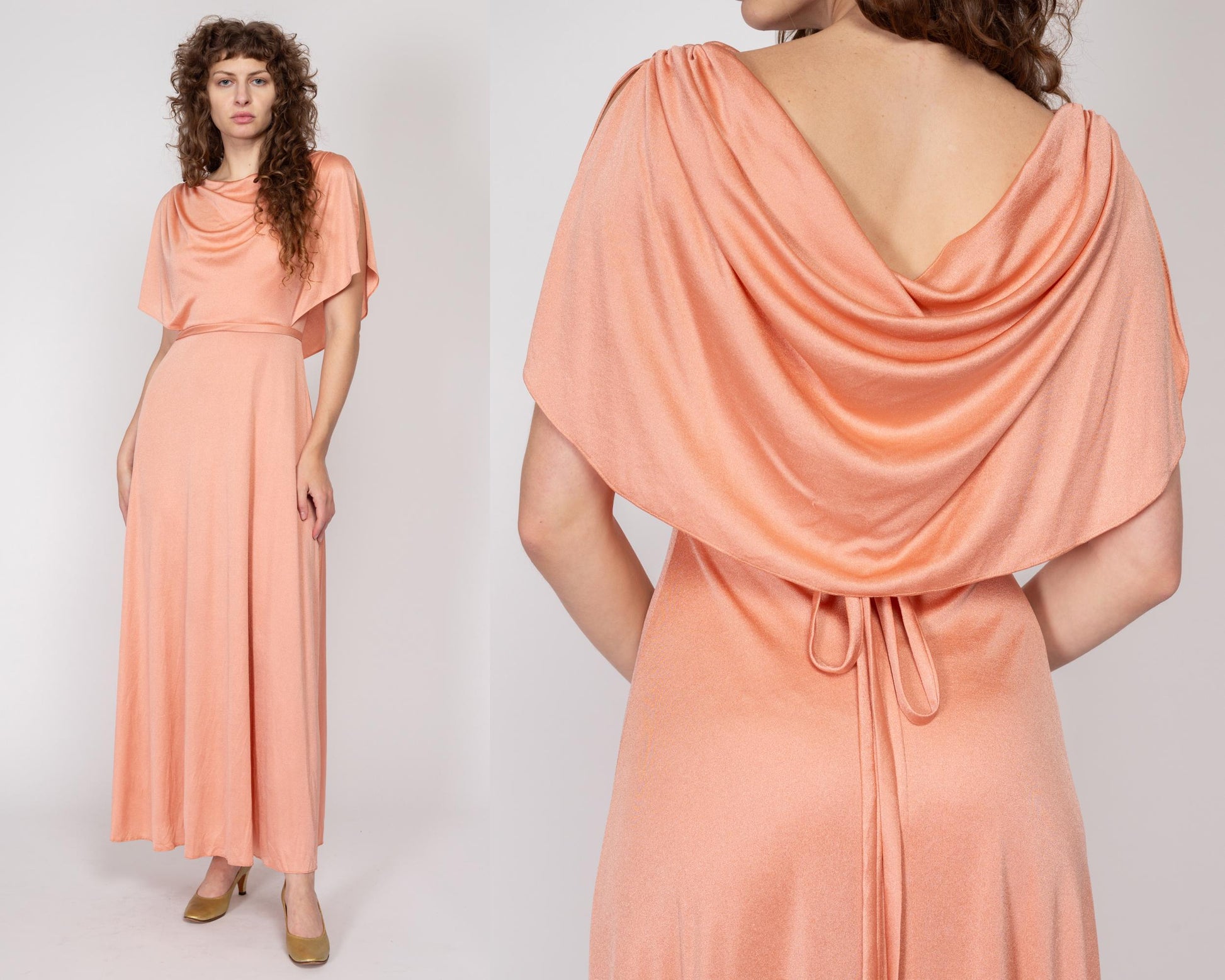 Small 70s Grecian Peach Draped Back Evening Gown | Vintage Blouson Boho Formal Maxi Dress