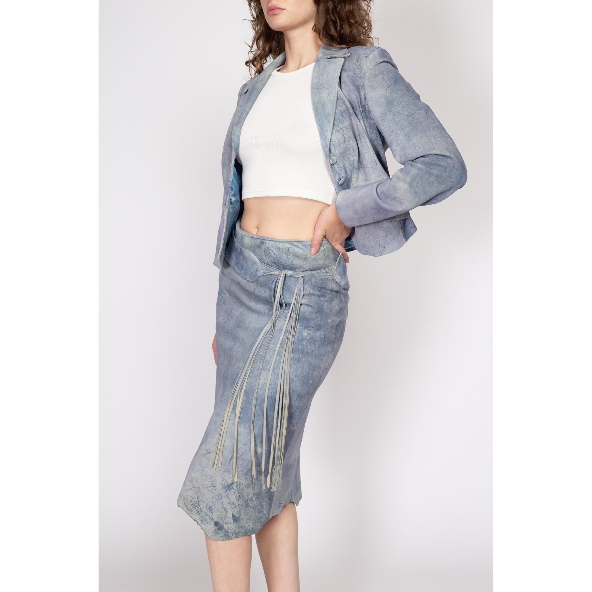 Sm Med Y2K Blue Suede Tie Dye Skirt Blazer Set Flying Apple Vintage