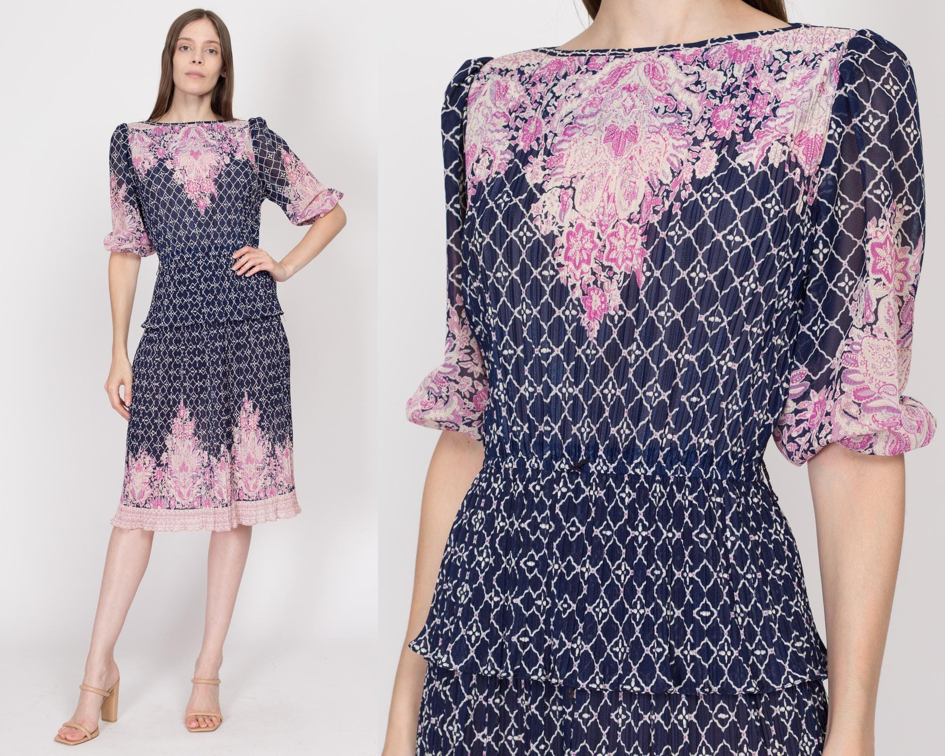 70s Blue & Pink Plisse Peplum Midi Dress - Small to Medium 70s Blue & Pink Plisse Peplum Midi Dress - Small to Medium