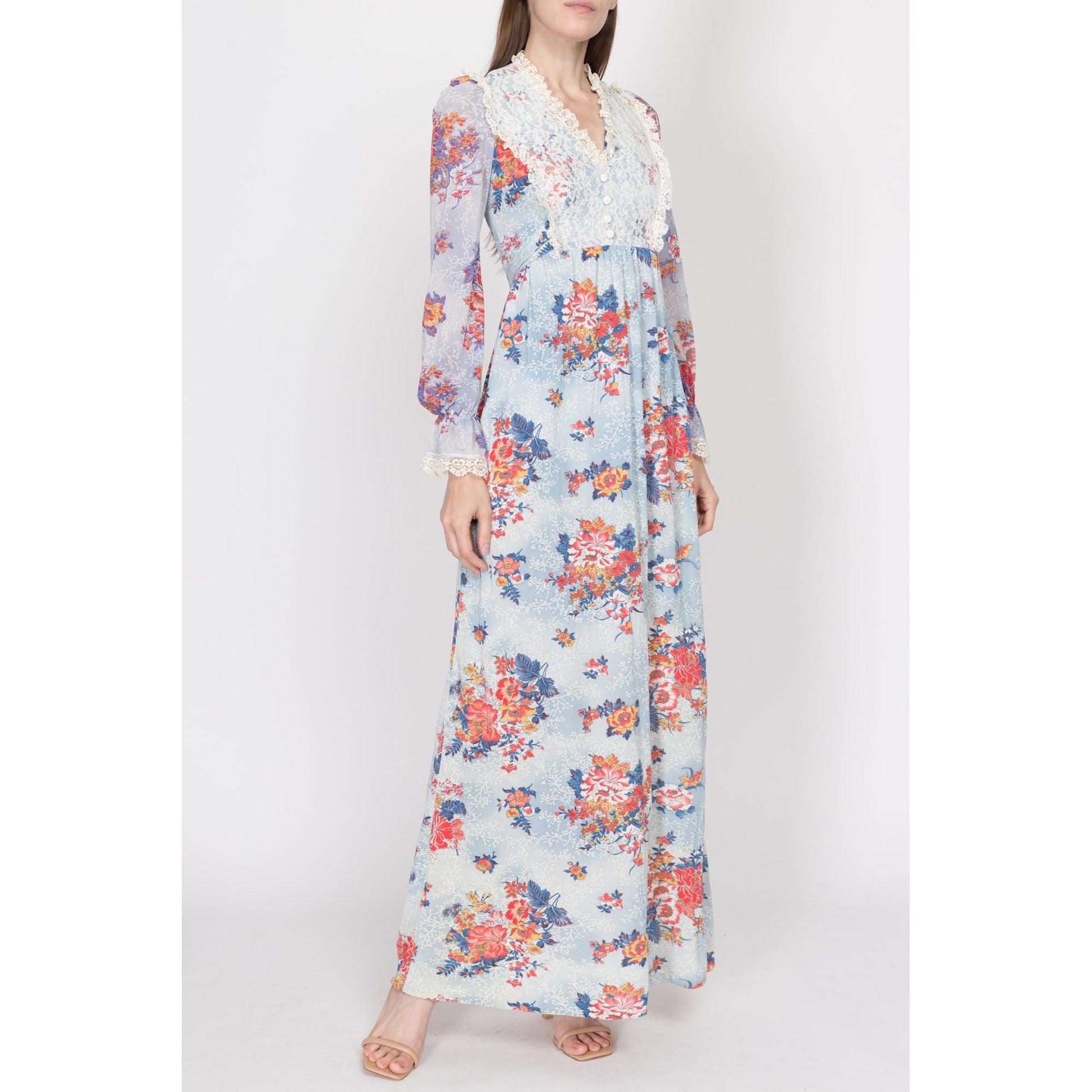 XS 70s Boho Blue Floral Cloudy Sky Maxi Dress | Vintage Long Sleeve Lace Bib A Line Prairie Hippie Gown
