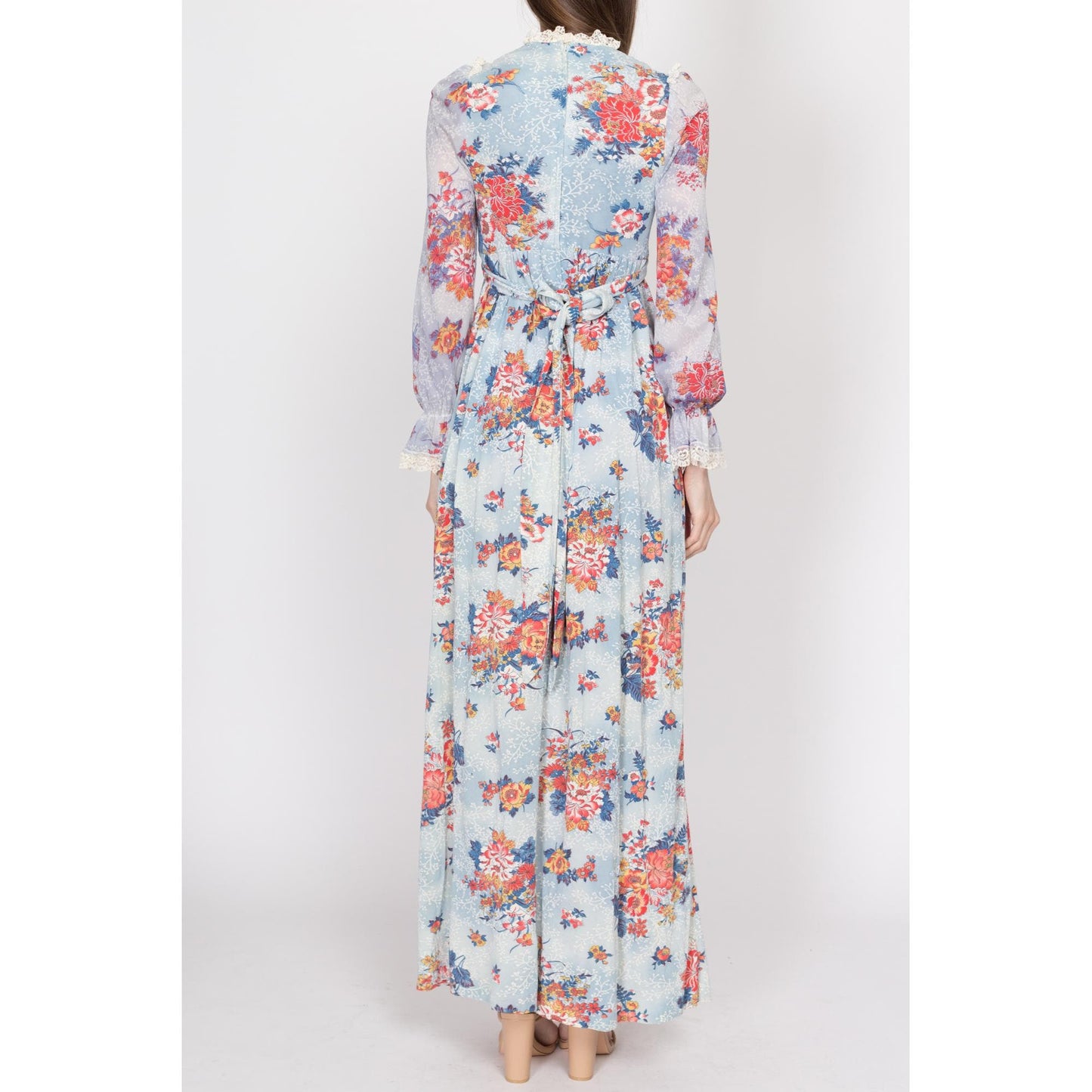 XS 70s Boho Blue Floral Cloudy Sky Maxi Dress | Vintage Long Sleeve Lace Bib A Line Prairie Hippie Gown