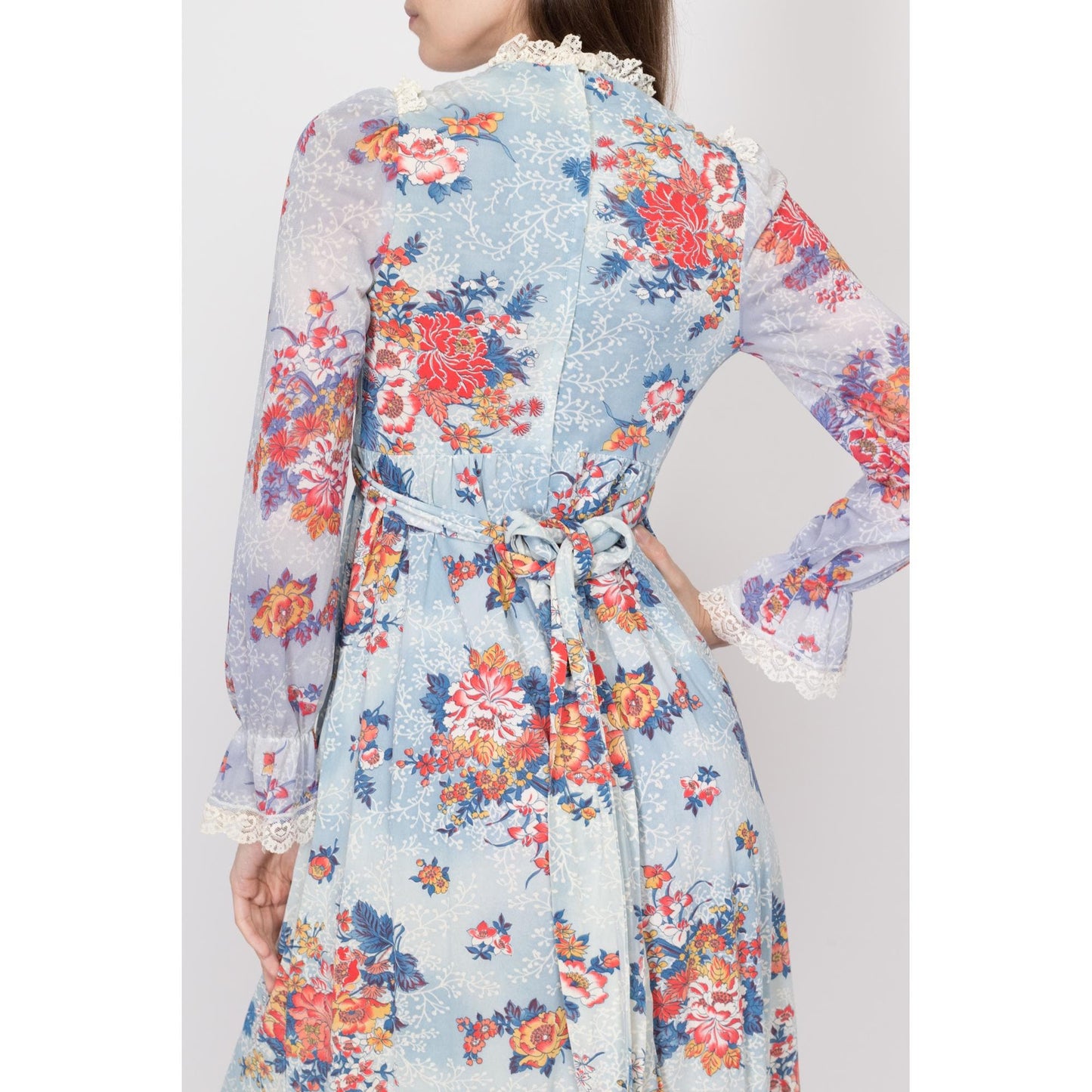 XS 70s Boho Blue Floral Cloudy Sky Maxi Dress | Vintage Long Sleeve Lace Bib A Line Prairie Hippie Gown