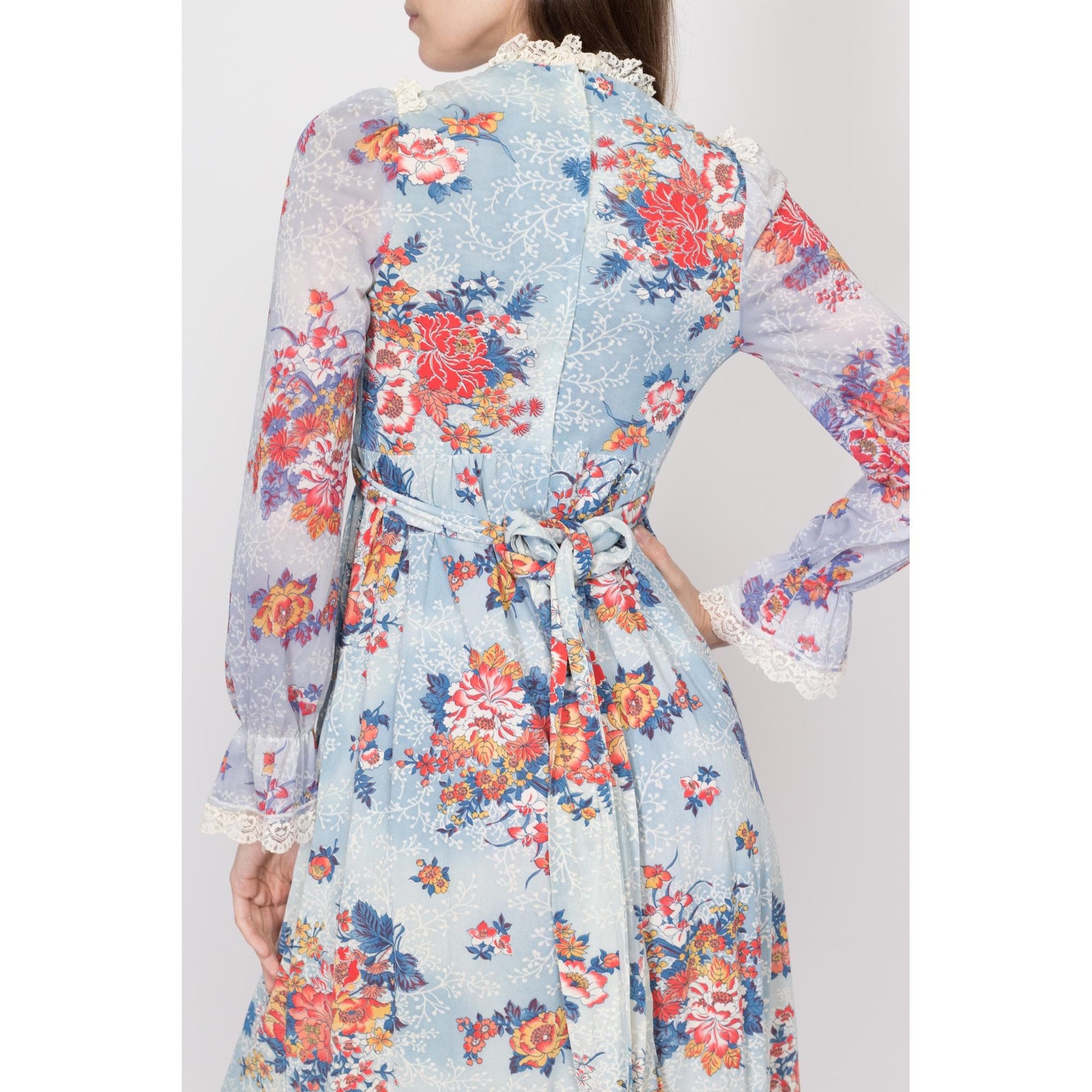 XS 70s Boho Blue Floral Cloudy Sky Maxi Dress | Vintage Long Sleeve Lace Bib A Line Prairie Hippie Gown